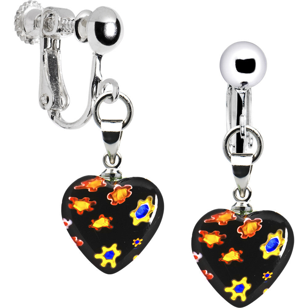 Handcrafted Black Millefiori Heart Clip Earrings