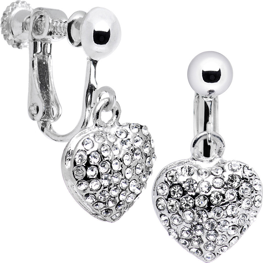 Silver Tone Tone Heart Rhinestone Clip On Earrings