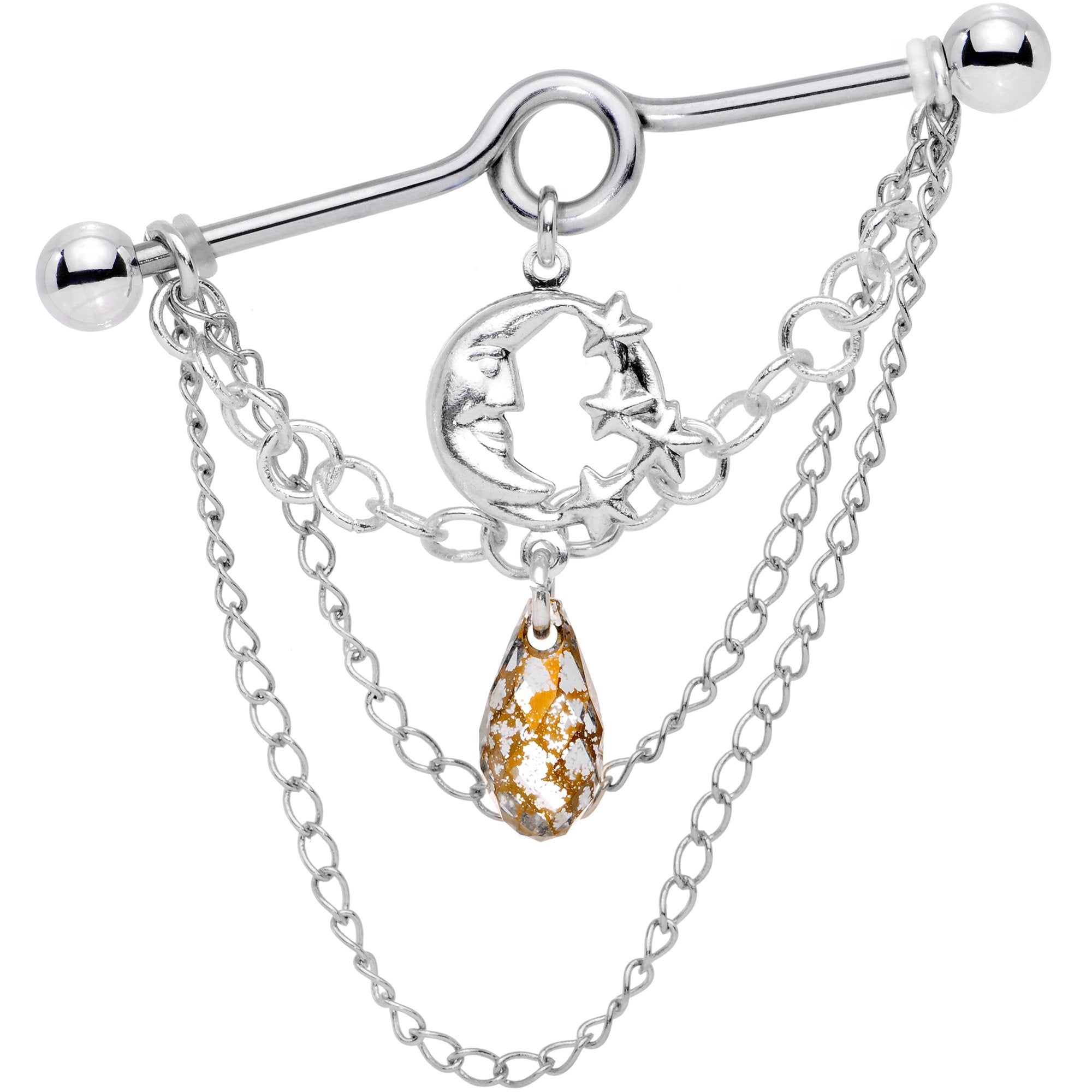 Moon Dangle Industrial Barbell Created with Crystals
