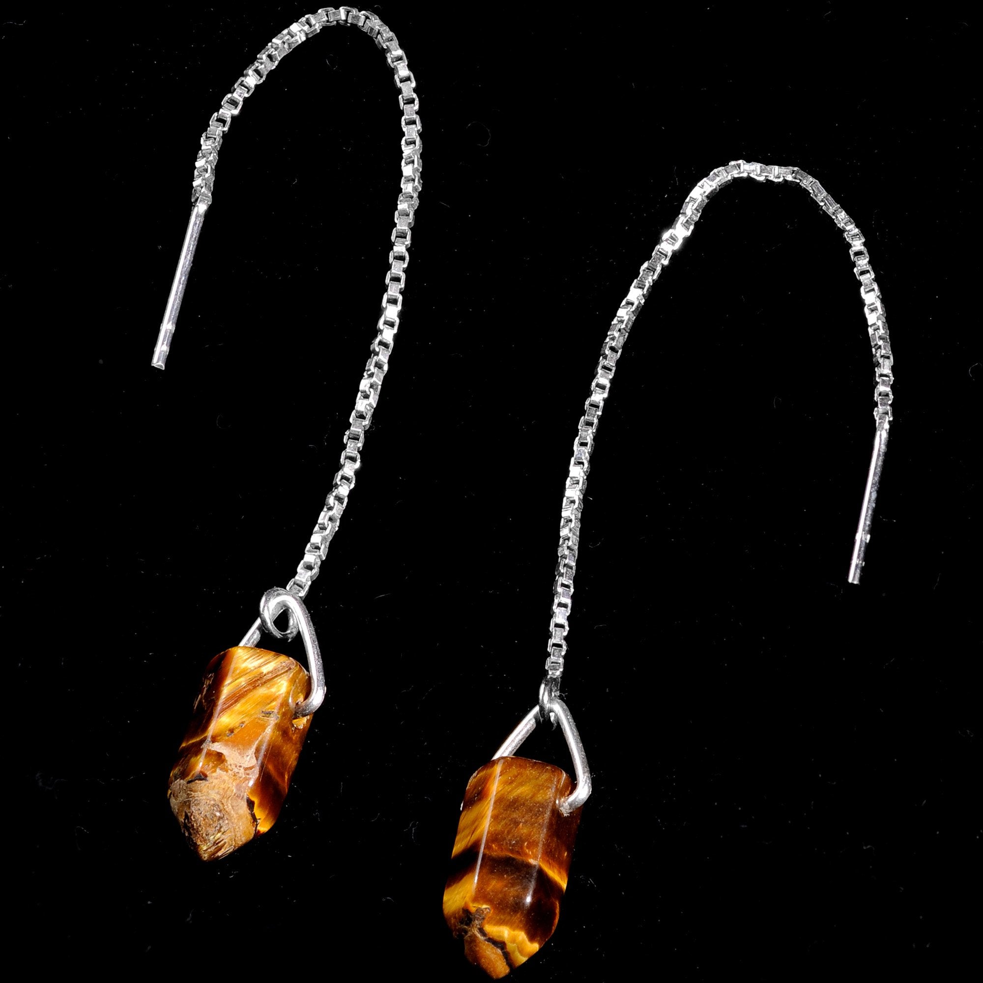 Handcrafted Tiger Eye 925 Sterling Silver Infinity Threader Earrings