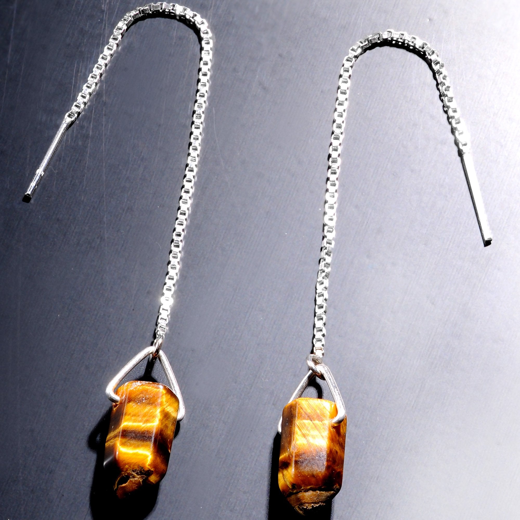 Handcrafted Tiger Eye 925 Sterling Silver Infinity Threader Earrings