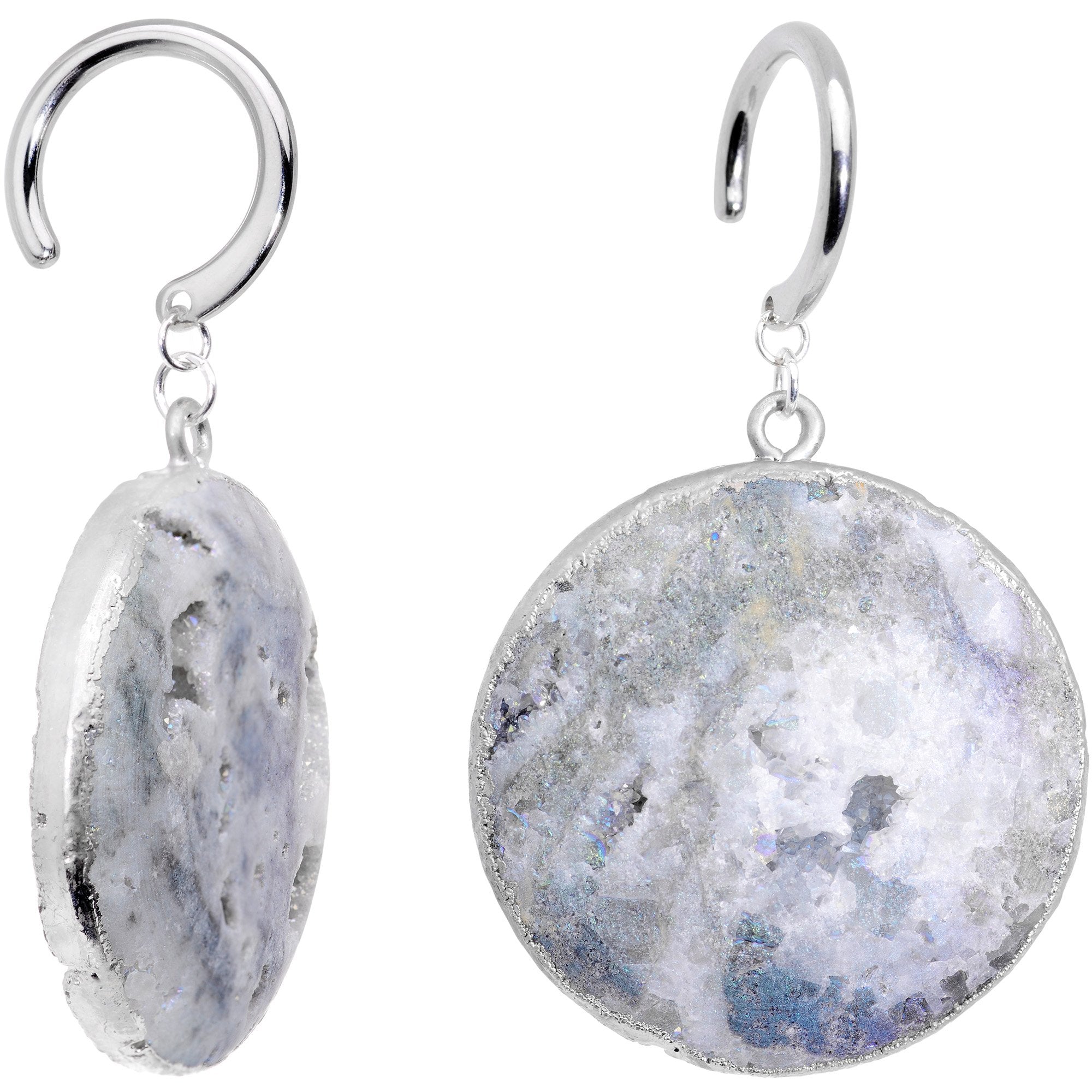 Handcrafted Steel Snowkissed White Natural Druzy Quartz Ear Weights
