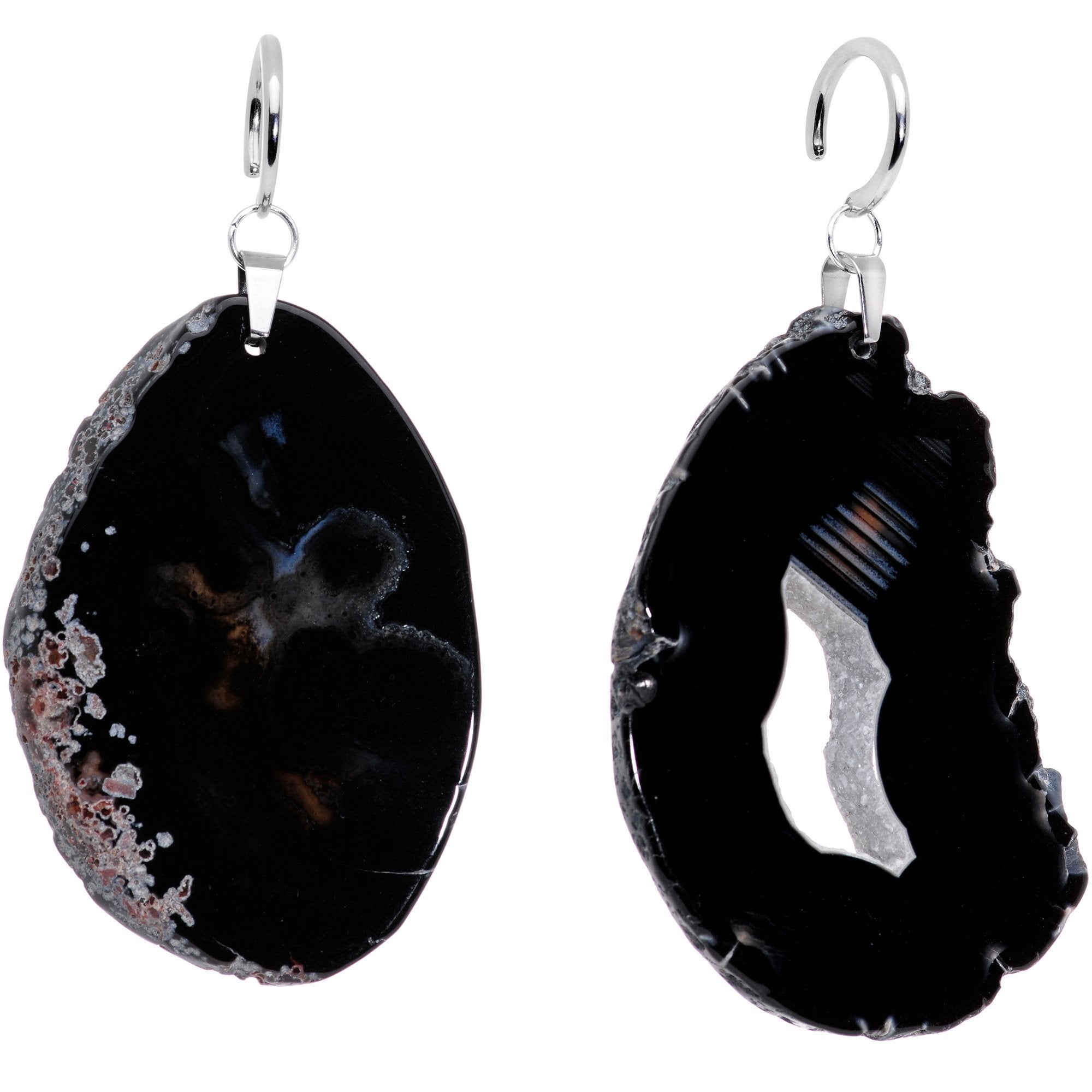 Handcrafted Steel Midnight Shadow Gap Natural Black Agate Ear Weights
