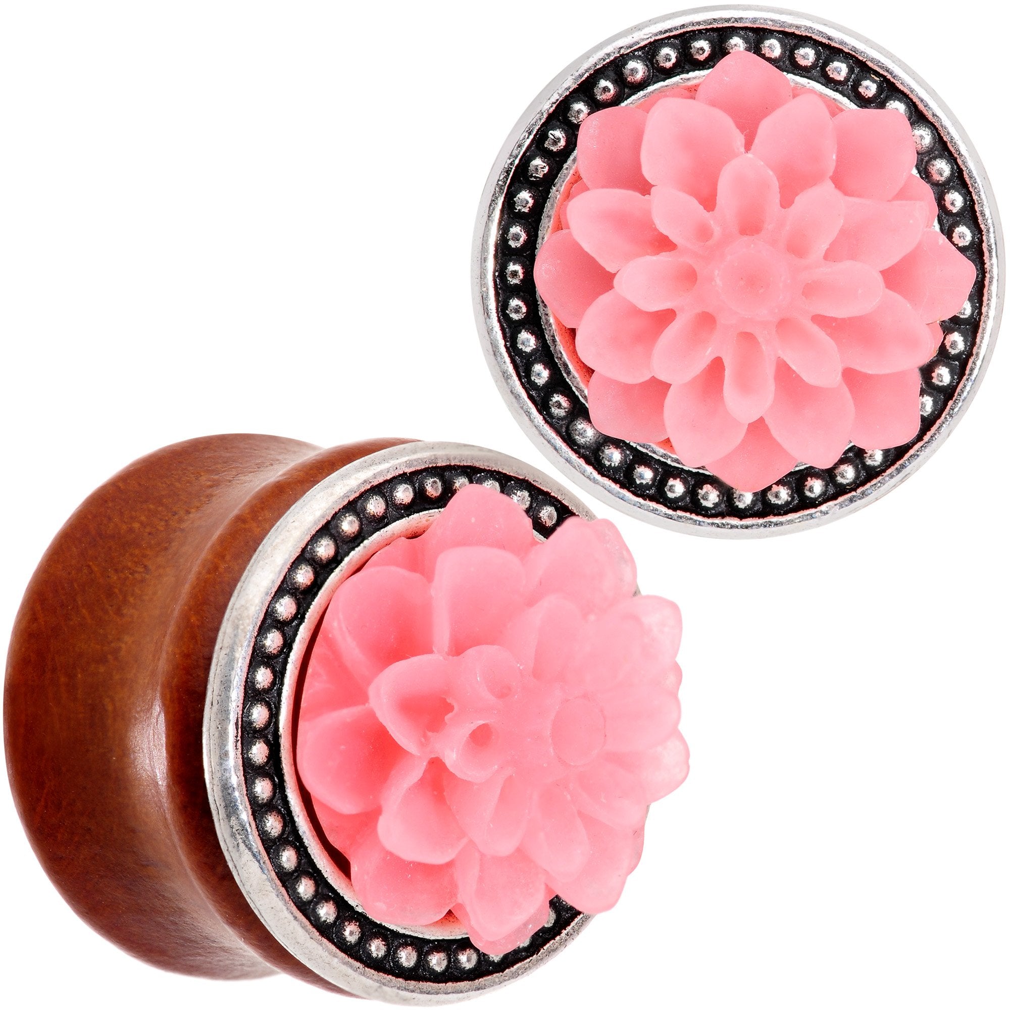 Handcrafted Beechwood Pink Tropical Flower Saddle Plug Set Sizes 14mm to 20mm
