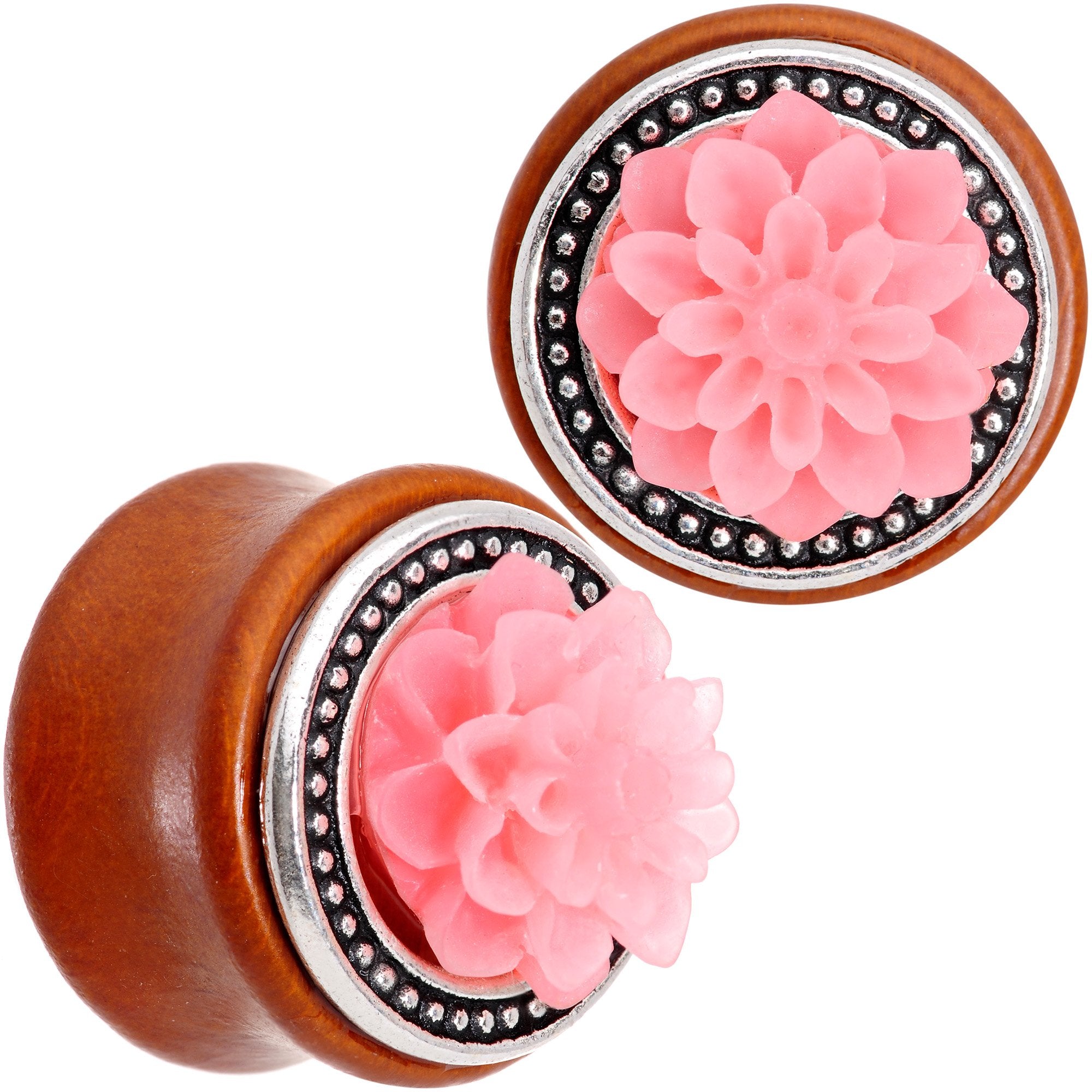 Handcrafted Beechwood Pink Tropical Flower Saddle Plug Set Sizes 14mm to 20mm