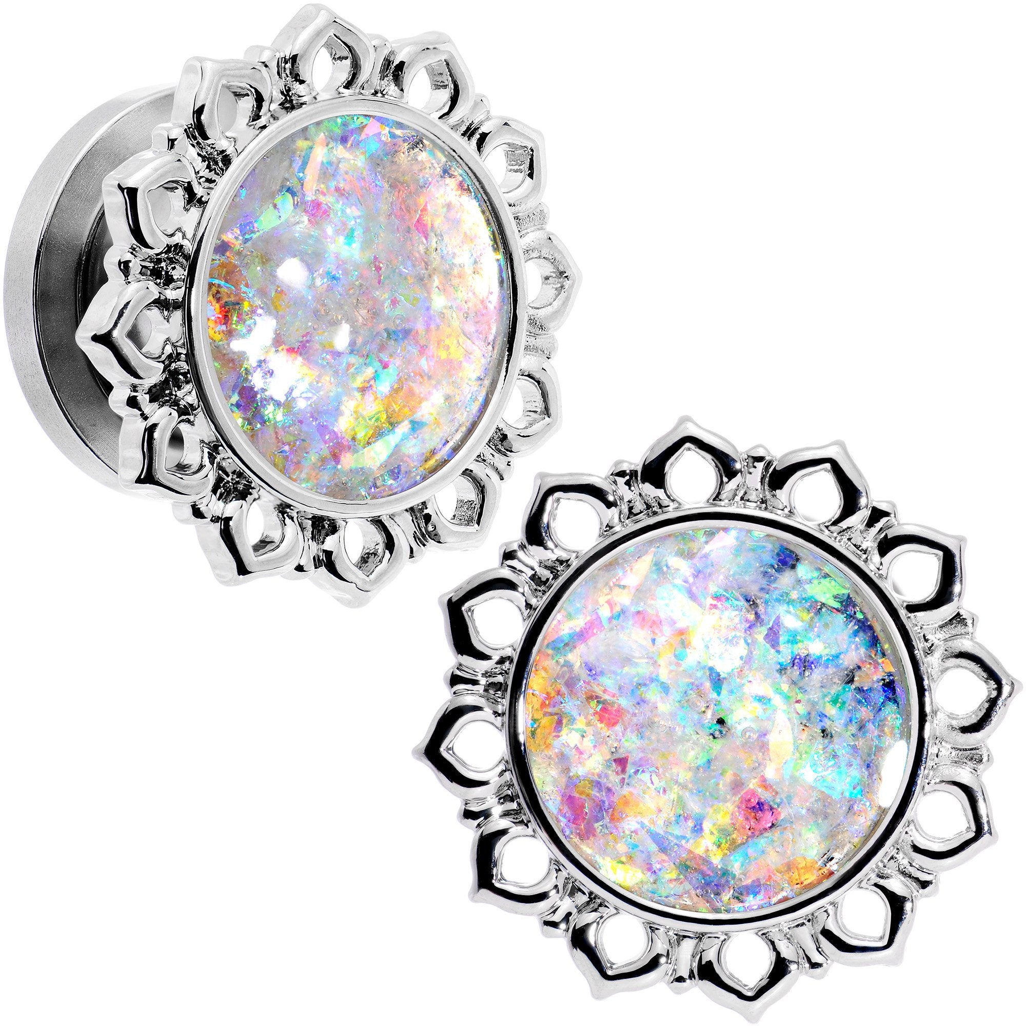 Handcrafted White Faux Opal Mandala Screw Fit Plug Set Sizes 8mm to 20mm