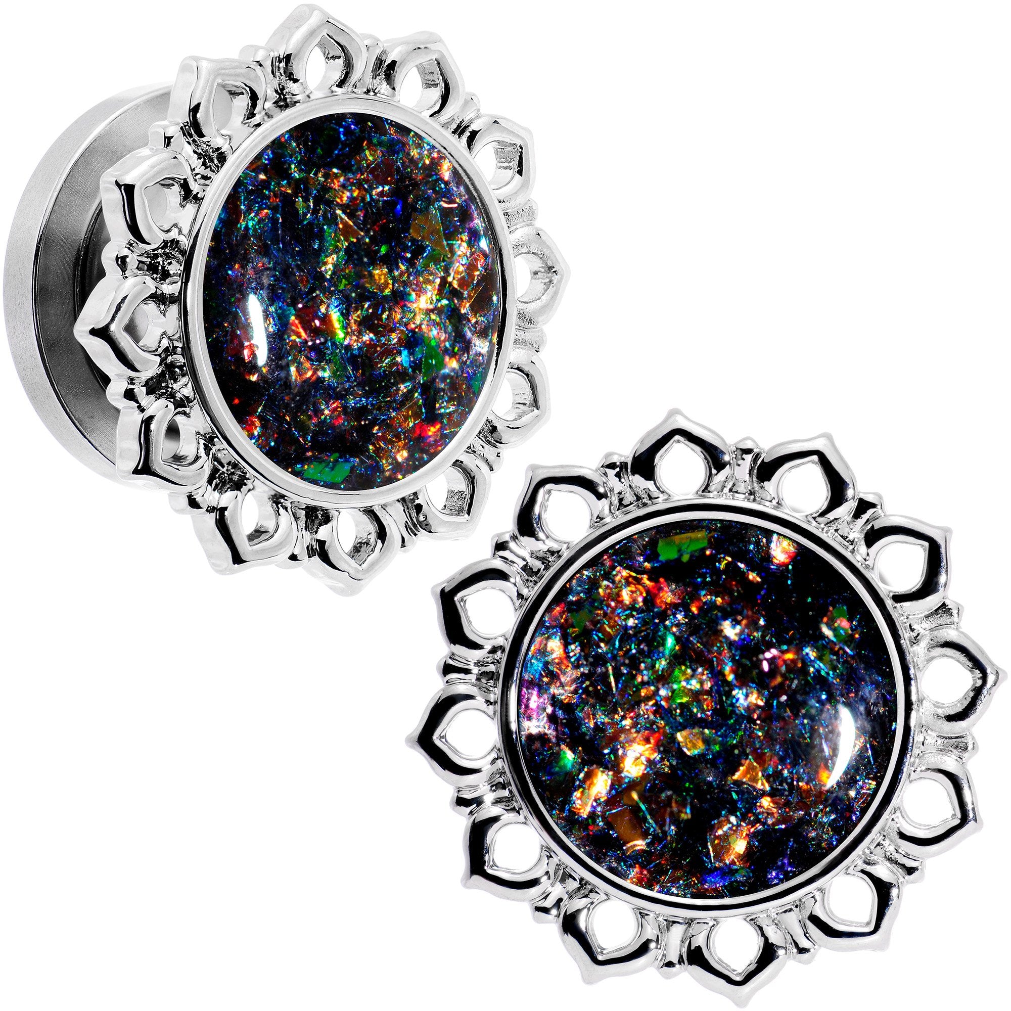 Handcrafted Black Faux Opal Mandala Screw Fit Plug Set Sizes 8mm to 20mm