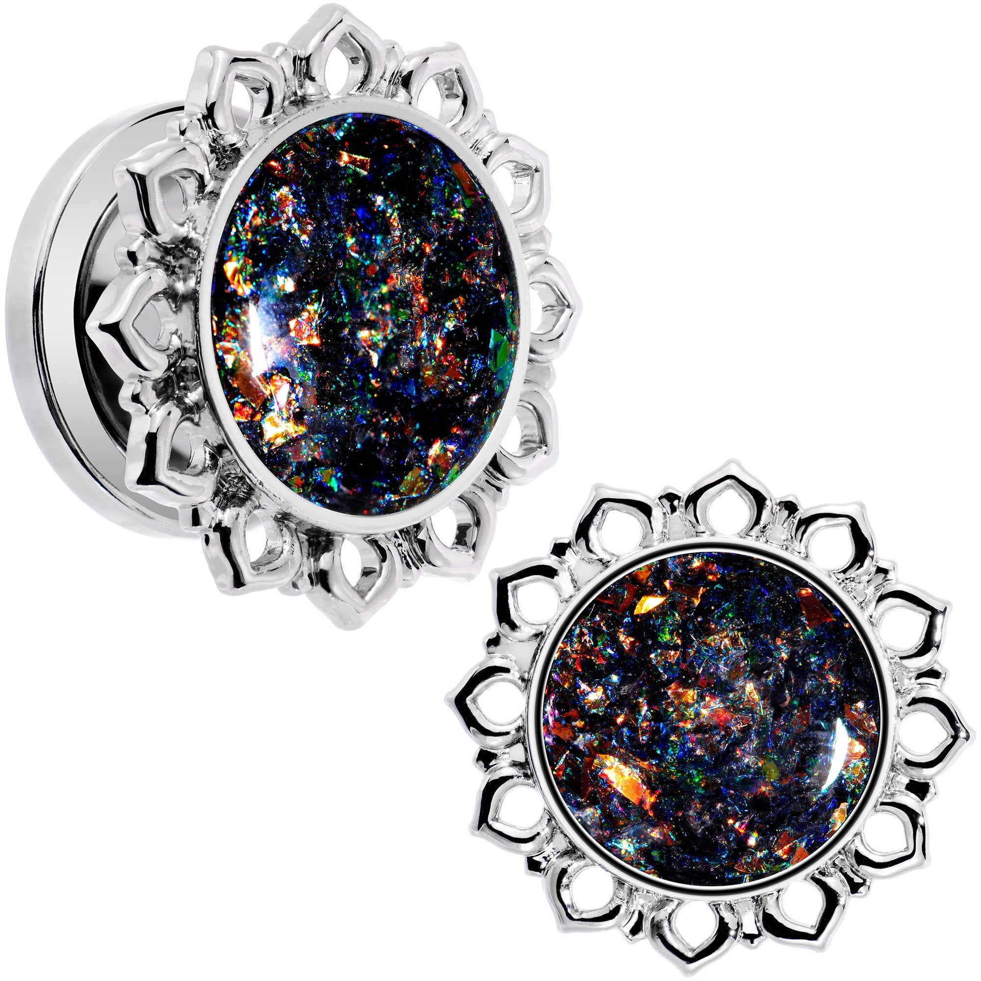 Handcrafted Black Faux Opal Mandala Screw Fit Plug Set Sizes 8mm to 20mm