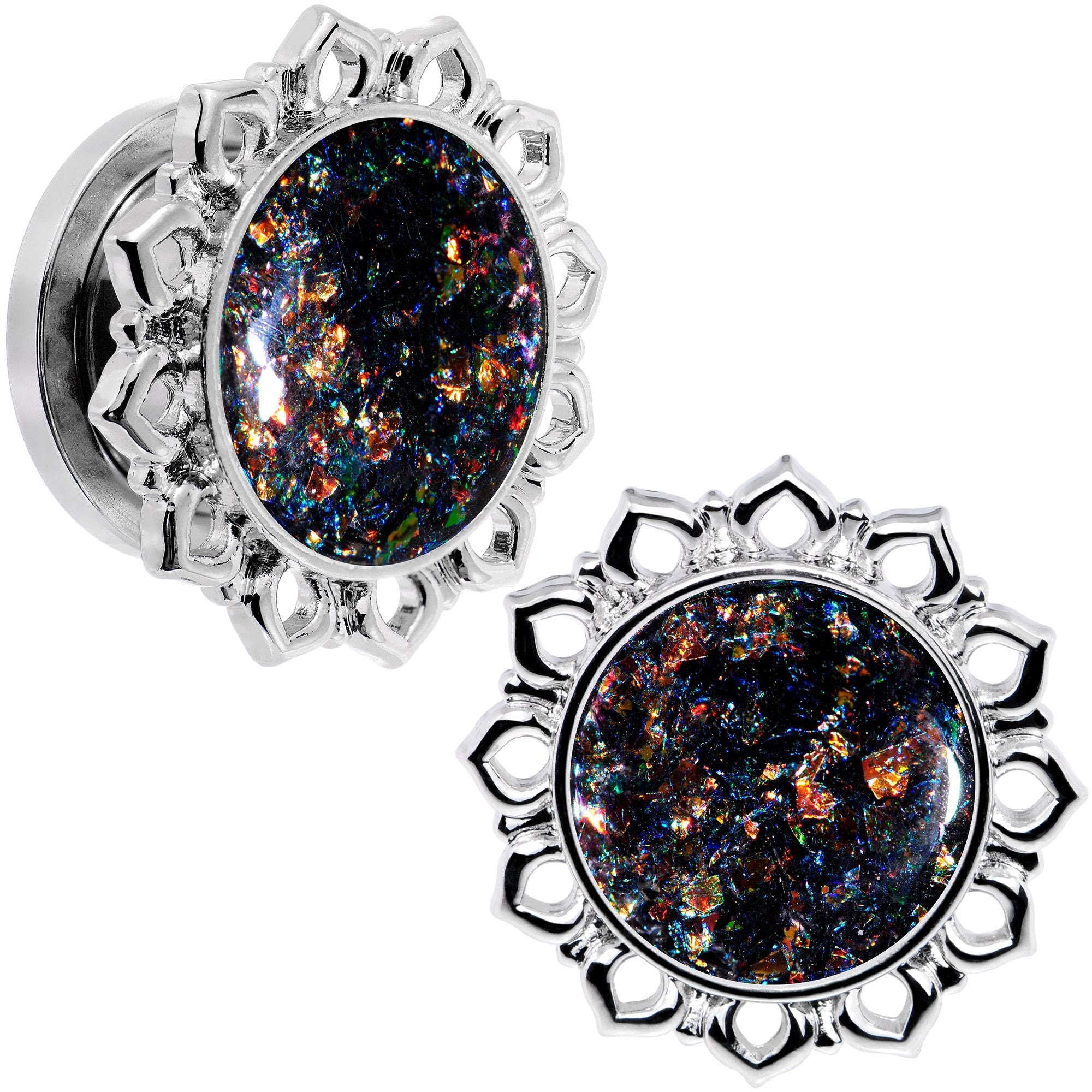 Handcrafted Black Faux Opal Mandala Screw Fit Plug Set Sizes 8mm to 20mm