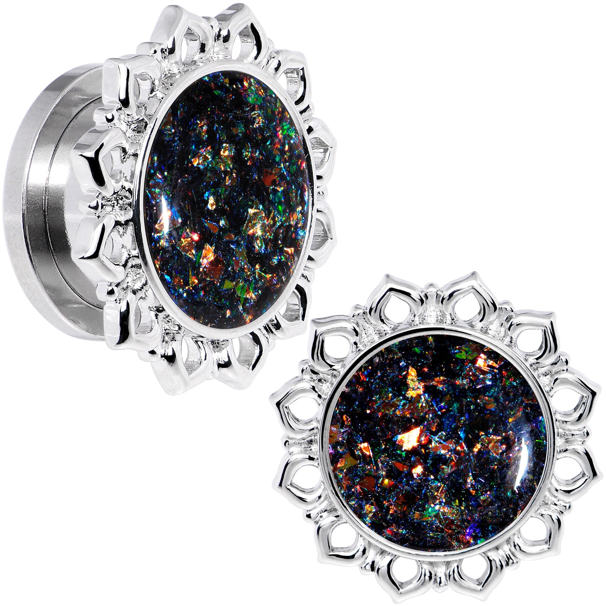 Handcrafted Black Faux Opal Mandala Screw Fit Plug Set Sizes 8mm to 20mm