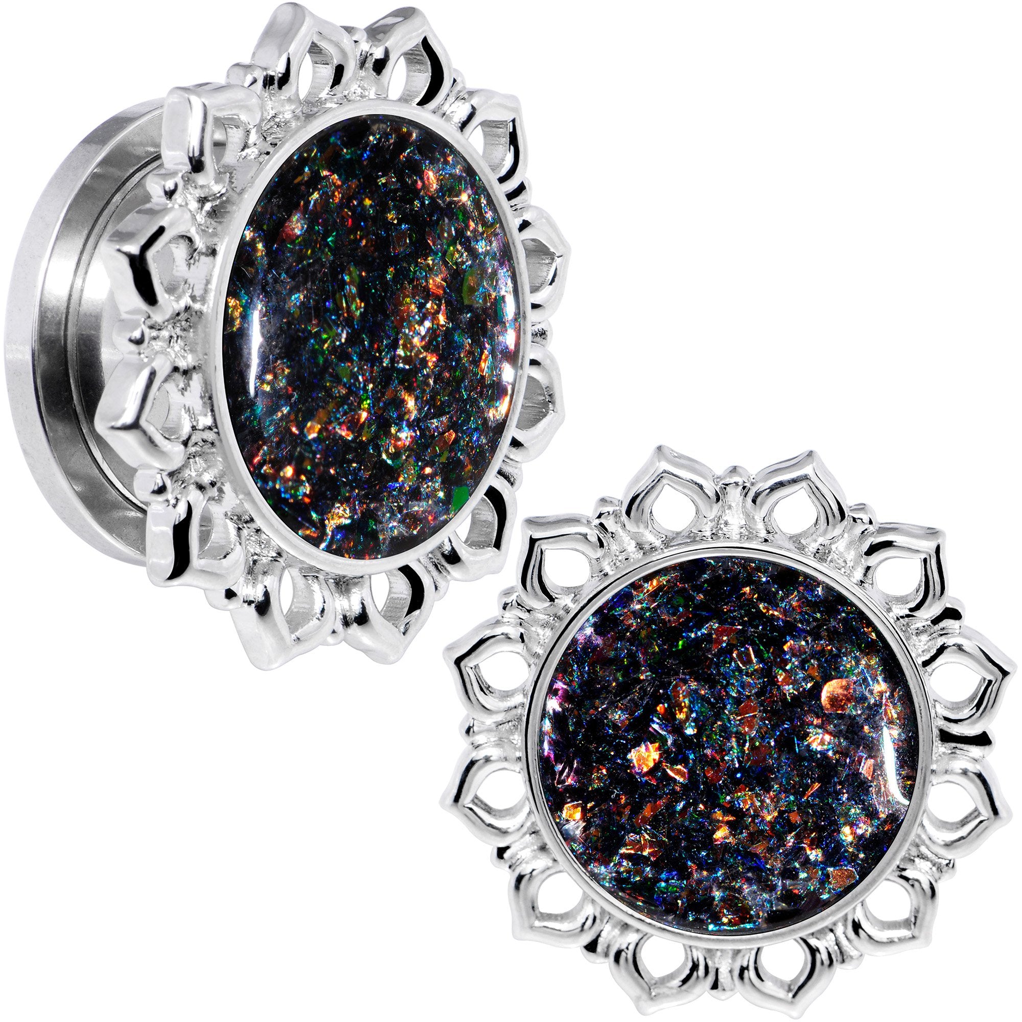 Handcrafted Black Faux Opal Mandala Screw Fit Plug Set Sizes 8mm to 20mm