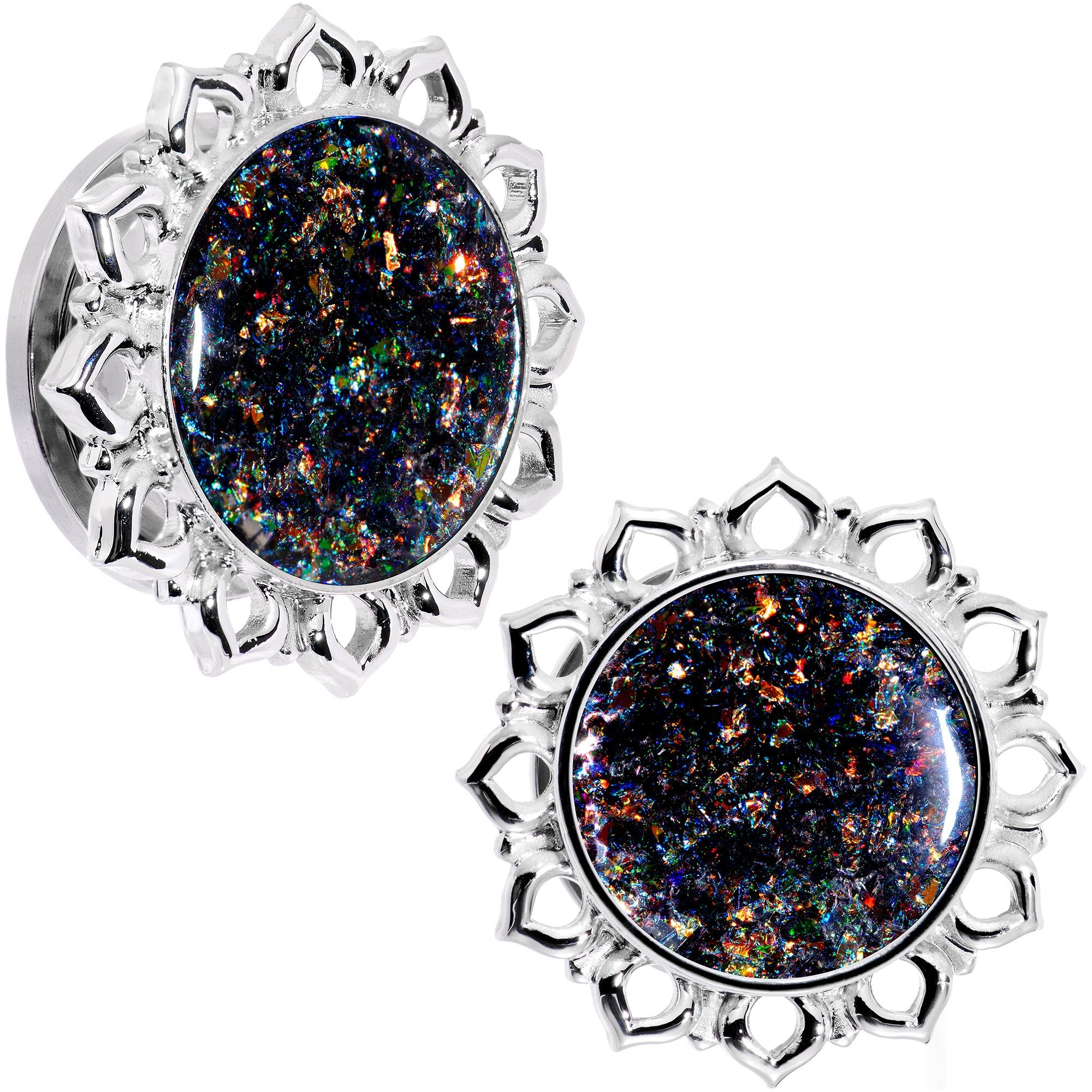 Handcrafted Black Faux Opal Mandala Screw Fit Plug Set Sizes 8mm to 20mm