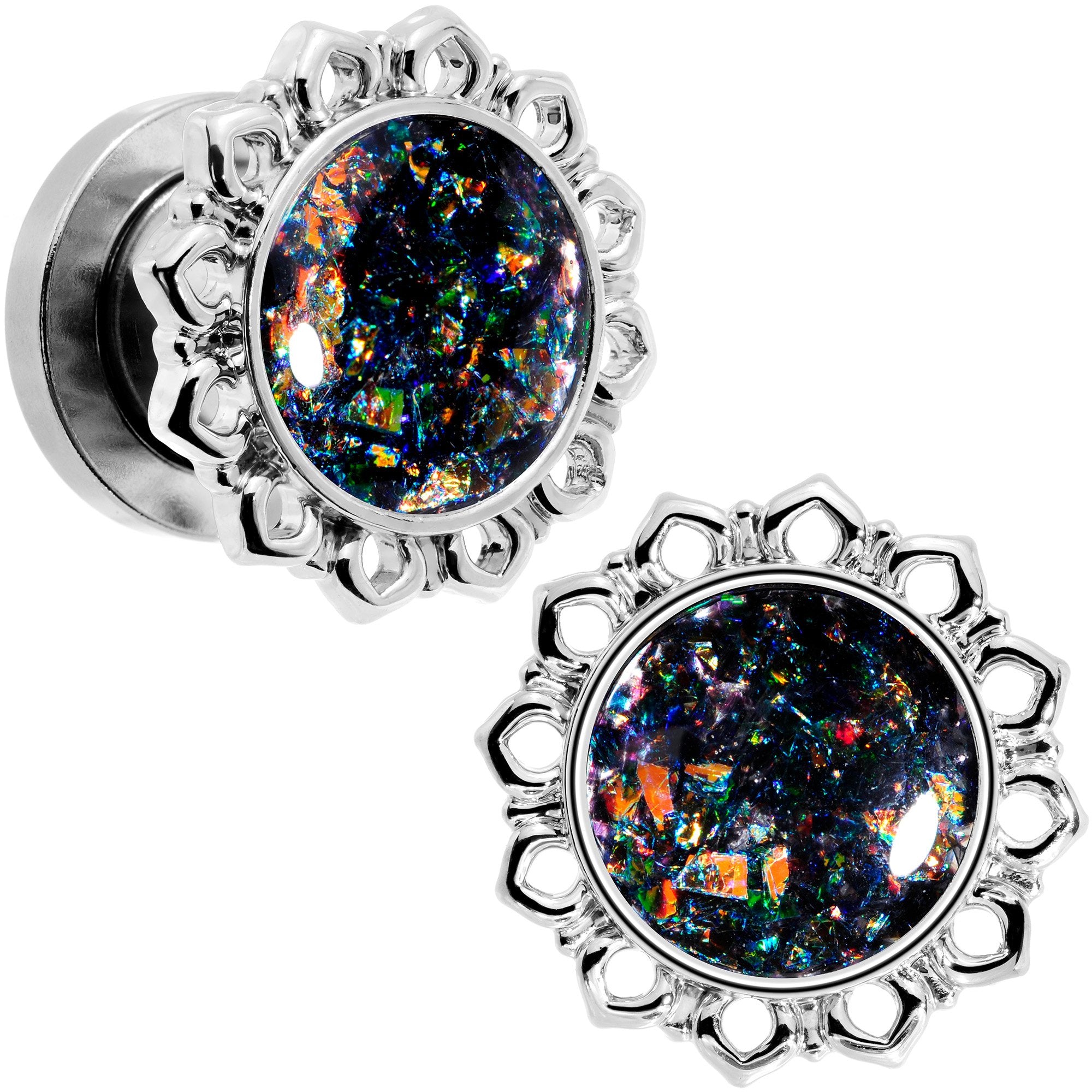 Handcrafted Black Faux Opal Mandala Screw Fit Plug Set Sizes 8mm to 20mm