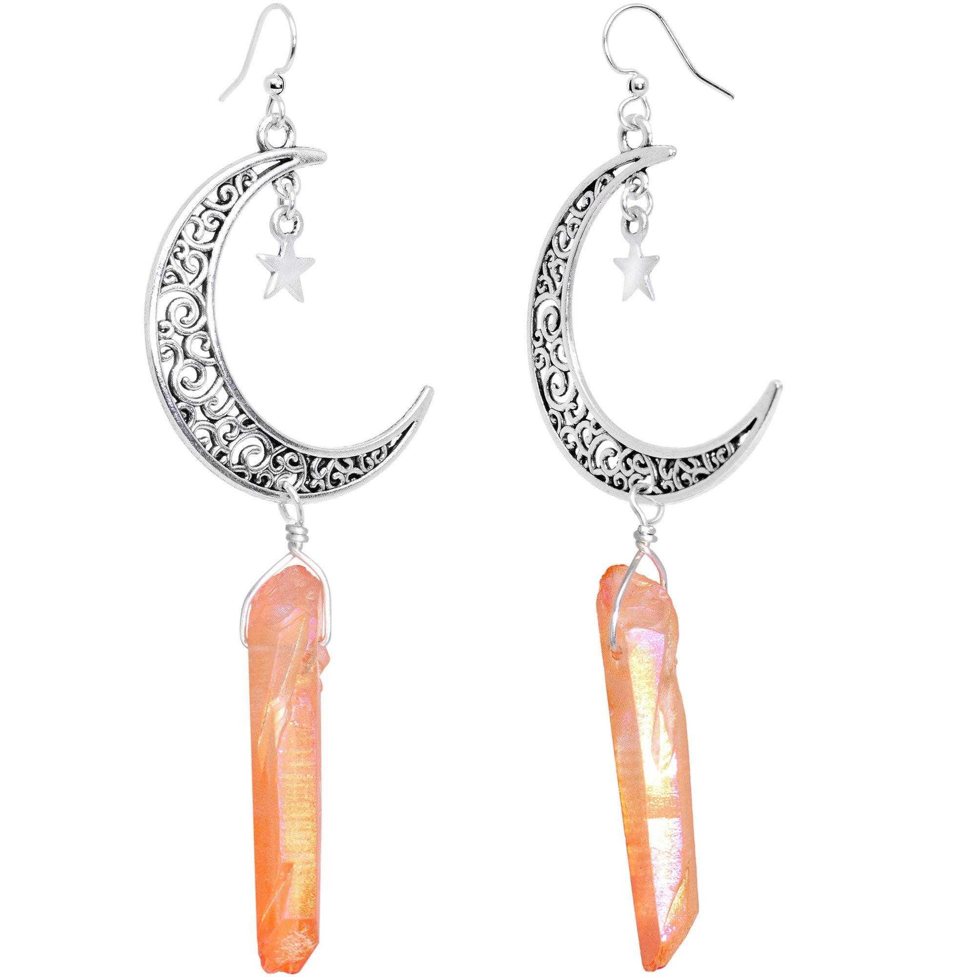 Handcrafted Quartz Cosmic Crescent Moon Fishhook Dangle Earrings