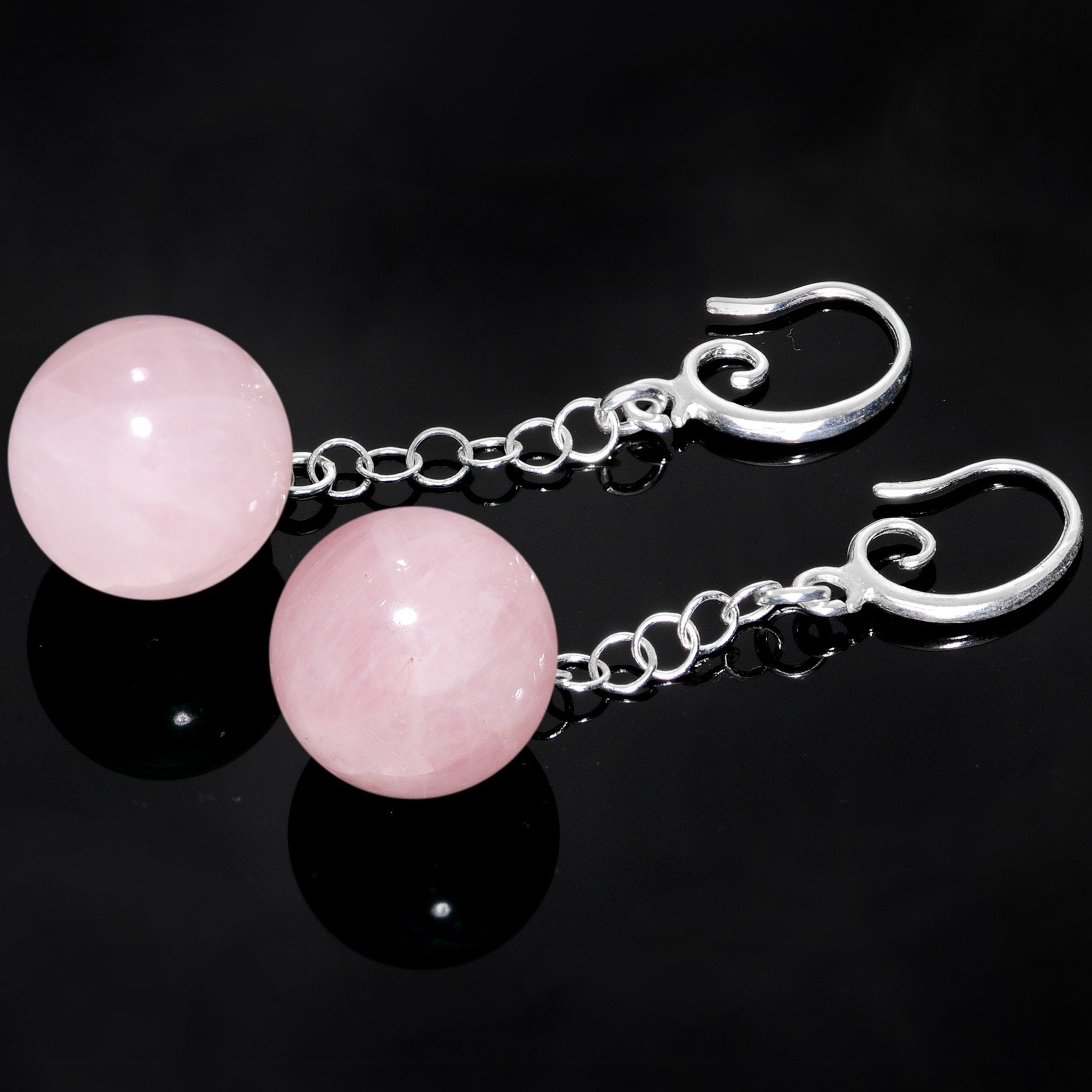 Handcrafted Pink Quartz Jawbreaker Dangle Fishhook Earrings