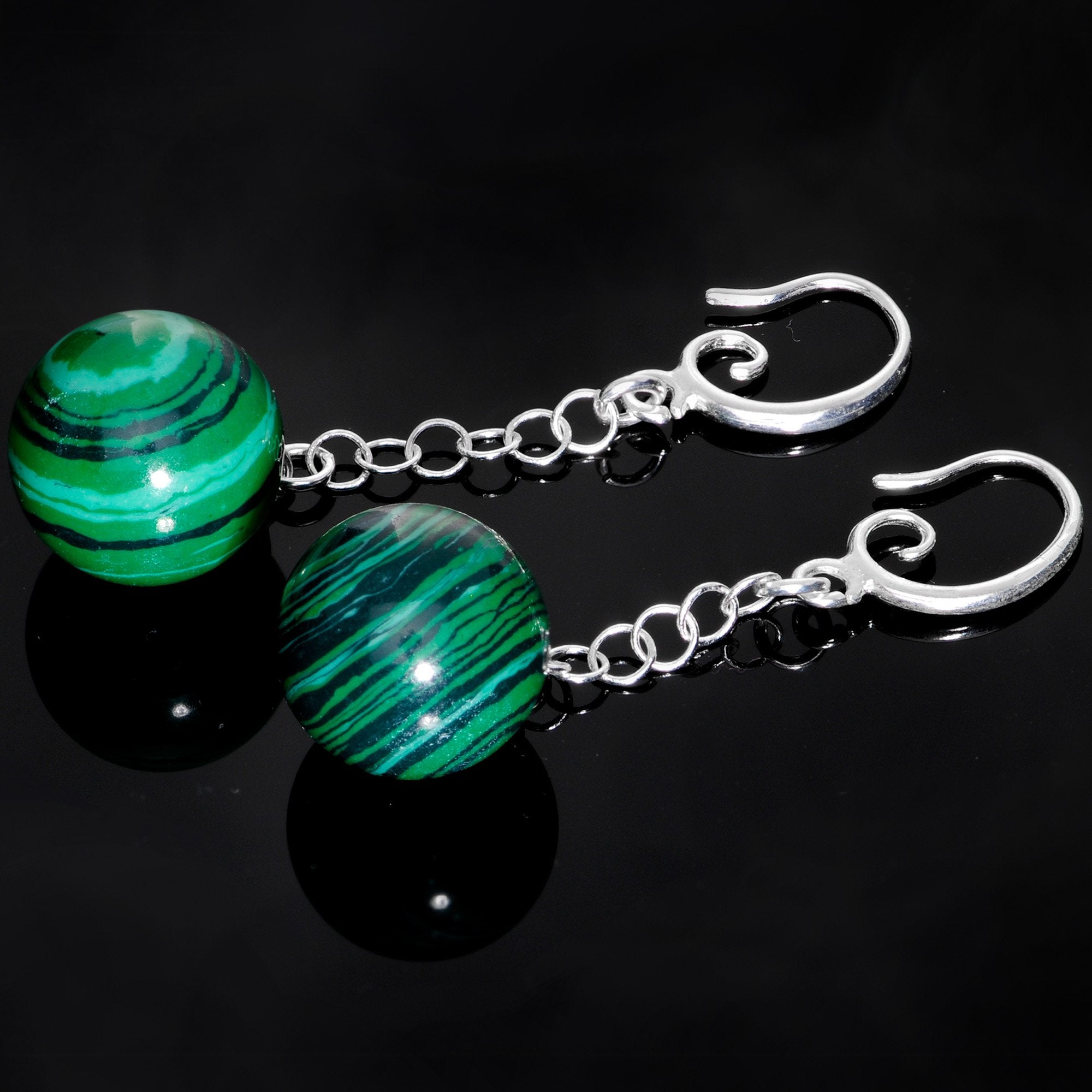 Handcrafted Green Swirl Malachite Jawbreaker Dangle Fishhook Earrings