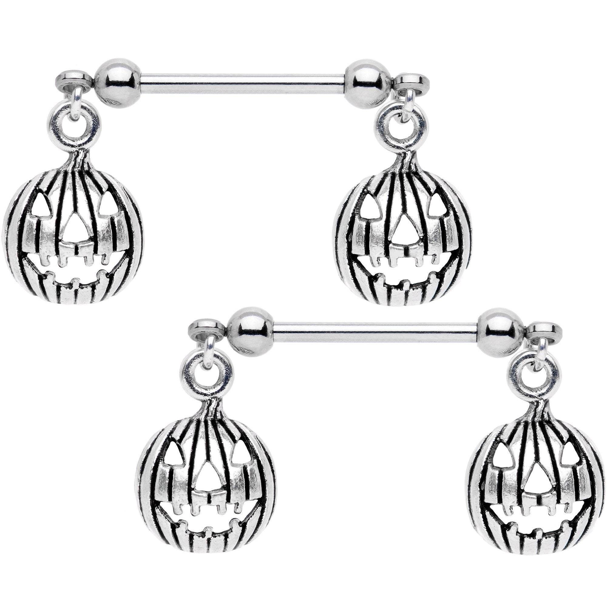 Handcrafted Jack O Lantern Halloween Dangle Barbell Nipple Ring Set