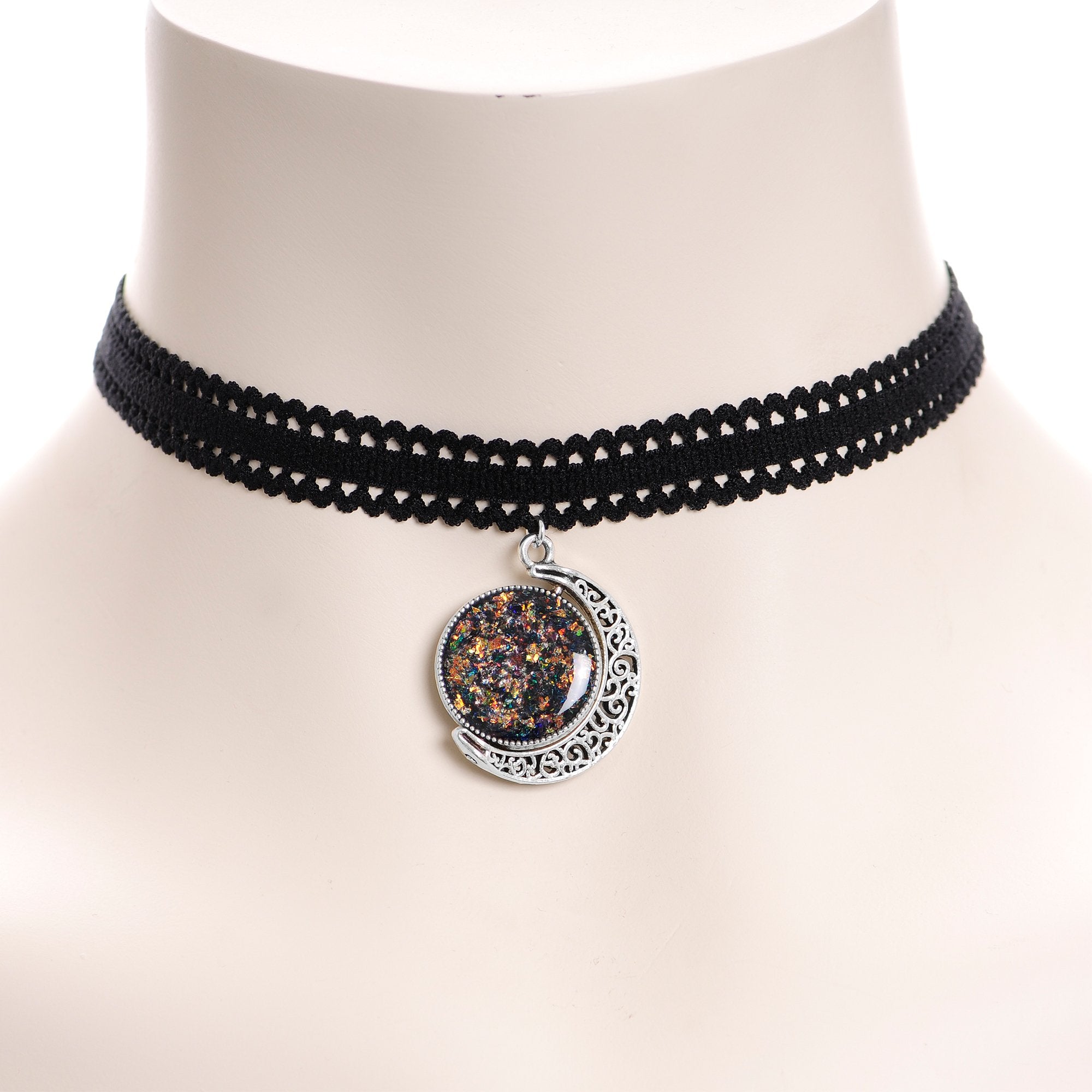 Handcrafted Black White Two Sided Faux Opal Moon Choker Necklace