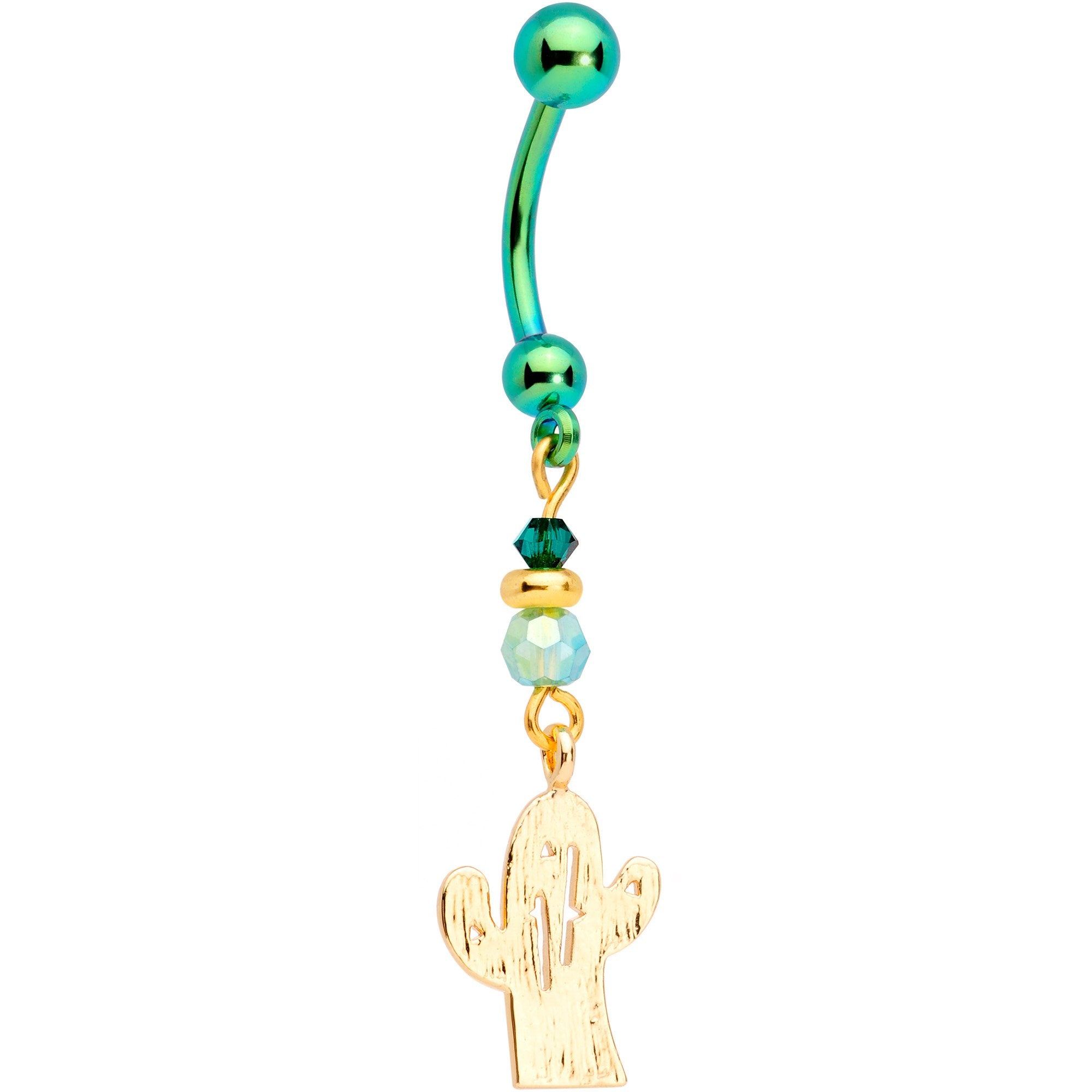 Handcrafted Cactus Dangle Belly Ring Created with Crystals