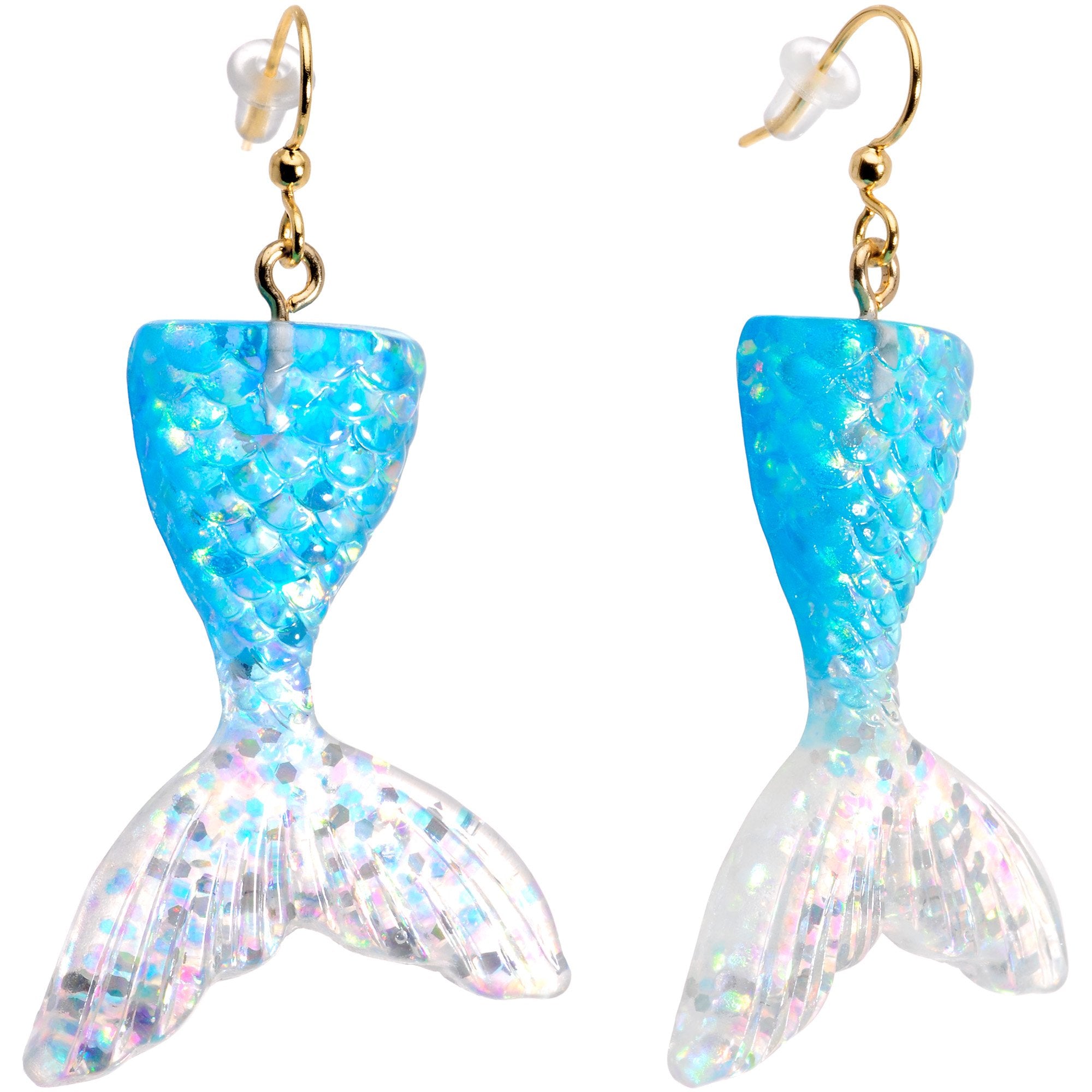 Handcrafted Blue White Glitter Mermaids Tail Fishhook Dangle Earrings