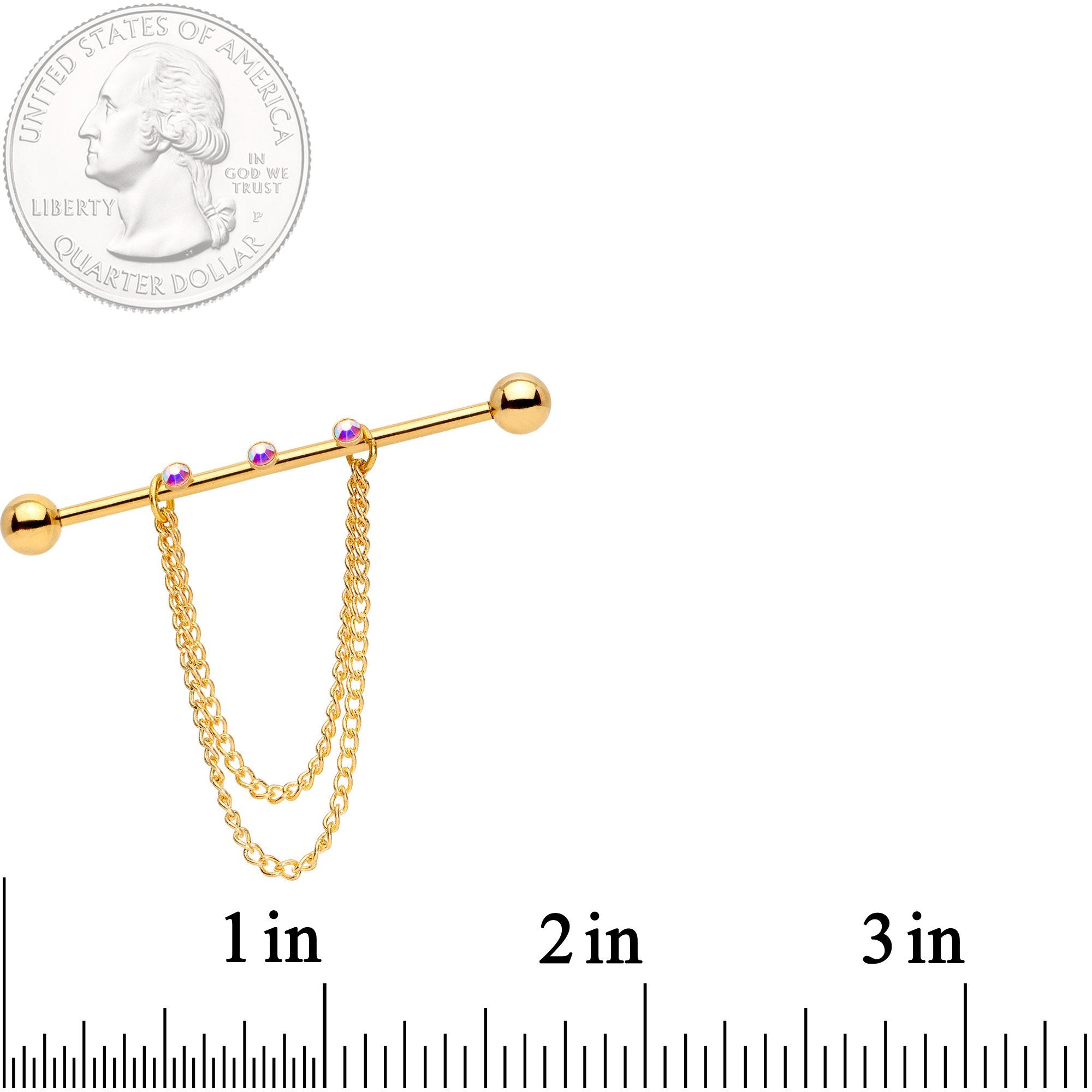 14G Handmade Aurora Gem Gold Tone Chain Dangle Industrial Barbell