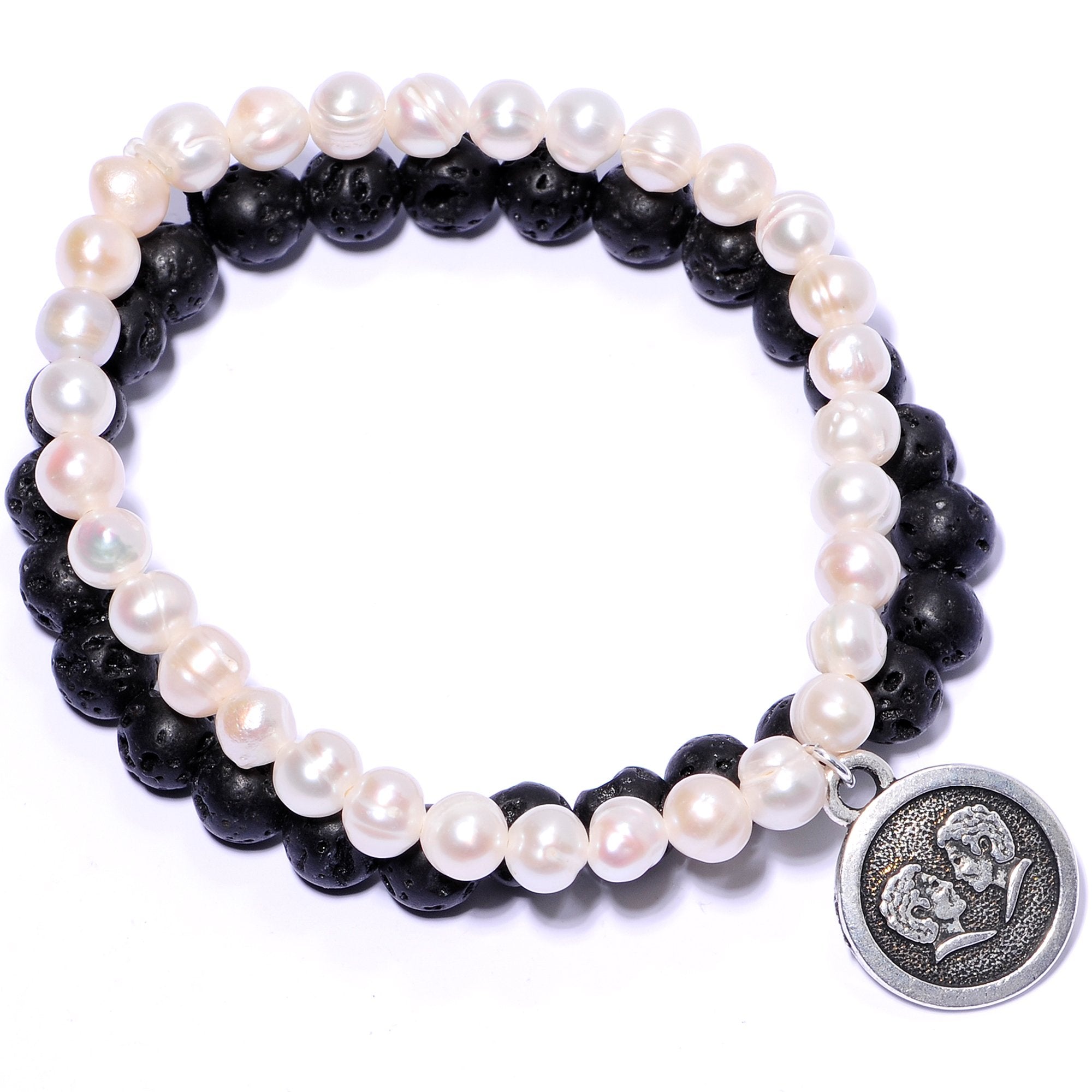 Handmade Lava Stone Freshwater Pearl Gemini Zodiac Bracelet Set of 2