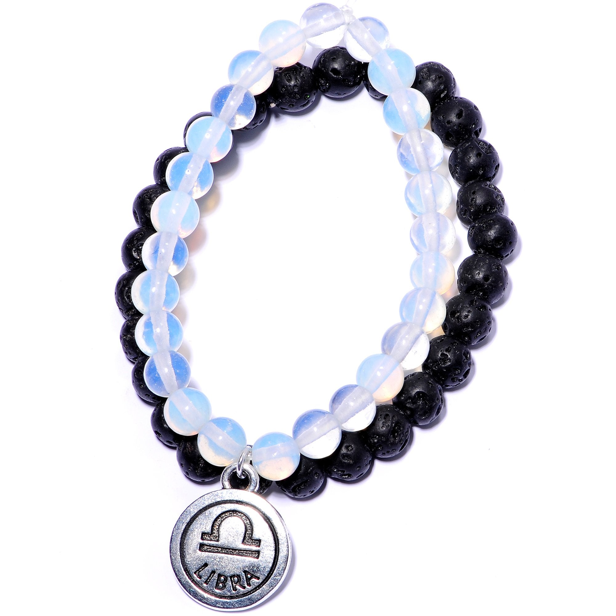 Handmade Lava Stone Opalite Libra Zodiac Bracelet Set of 2