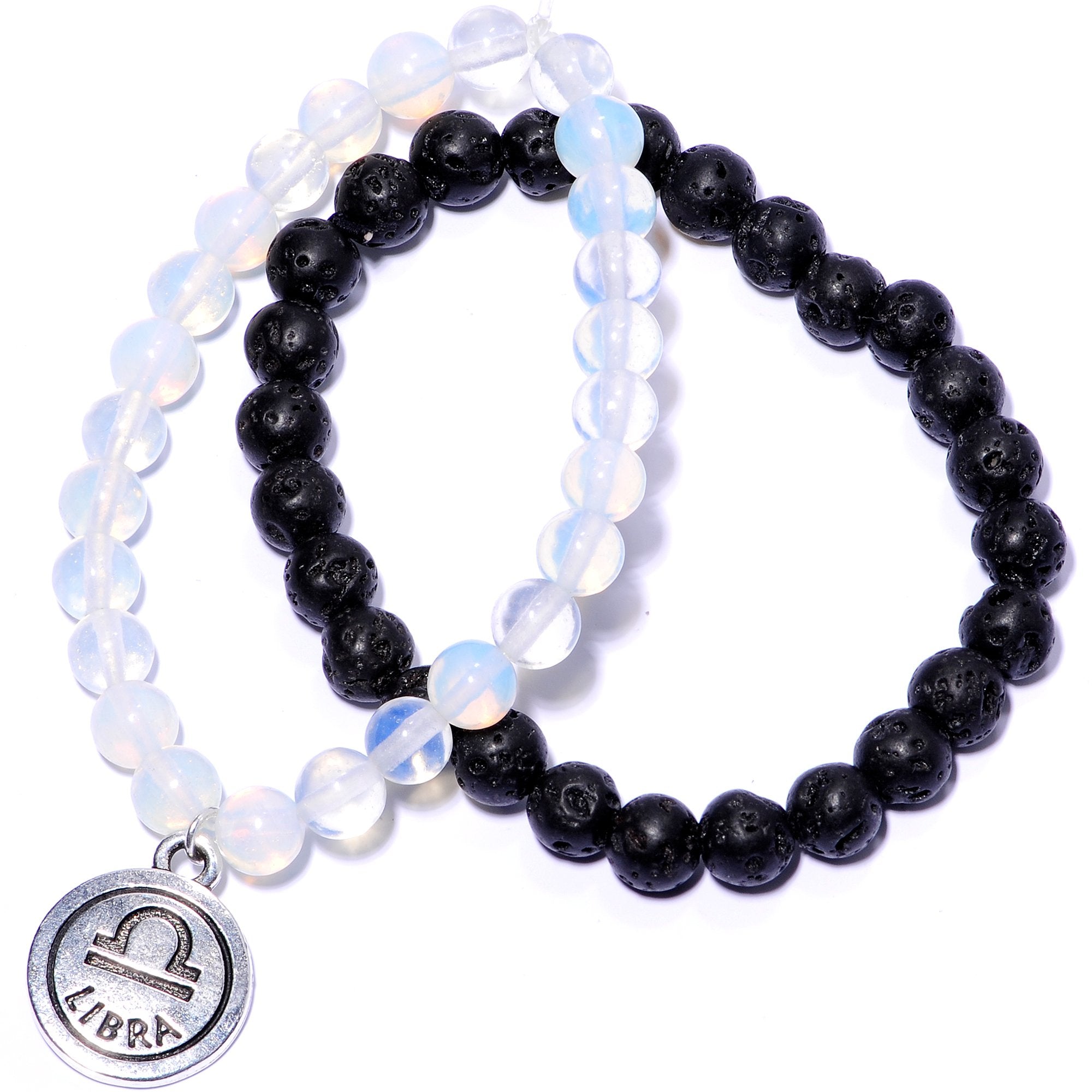 Handmade Lava Stone Opalite Libra Zodiac Bracelet Set of 2