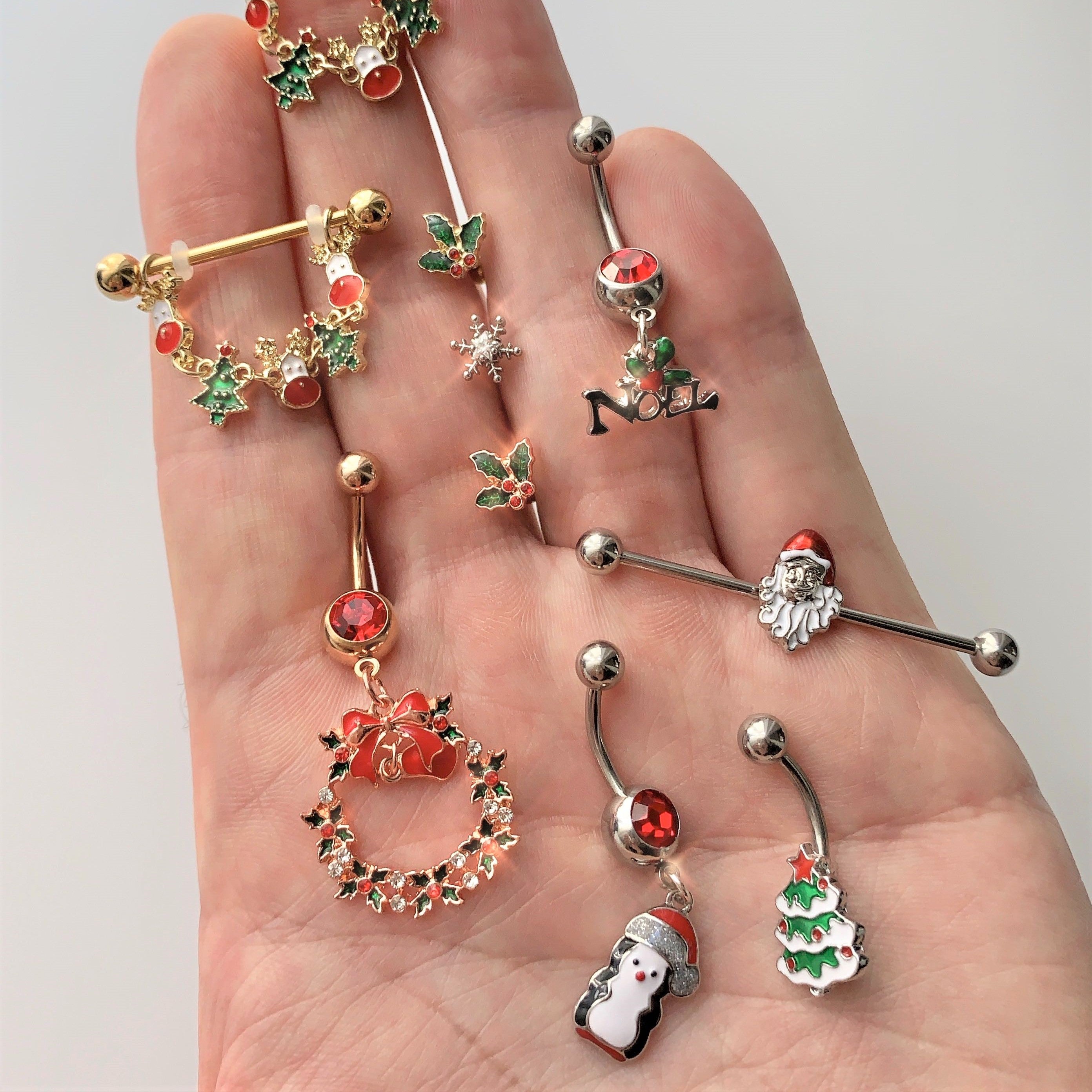 16G 1/4 Red Gem Rose Tone Mistletoe Christmas Cartilage Tragus