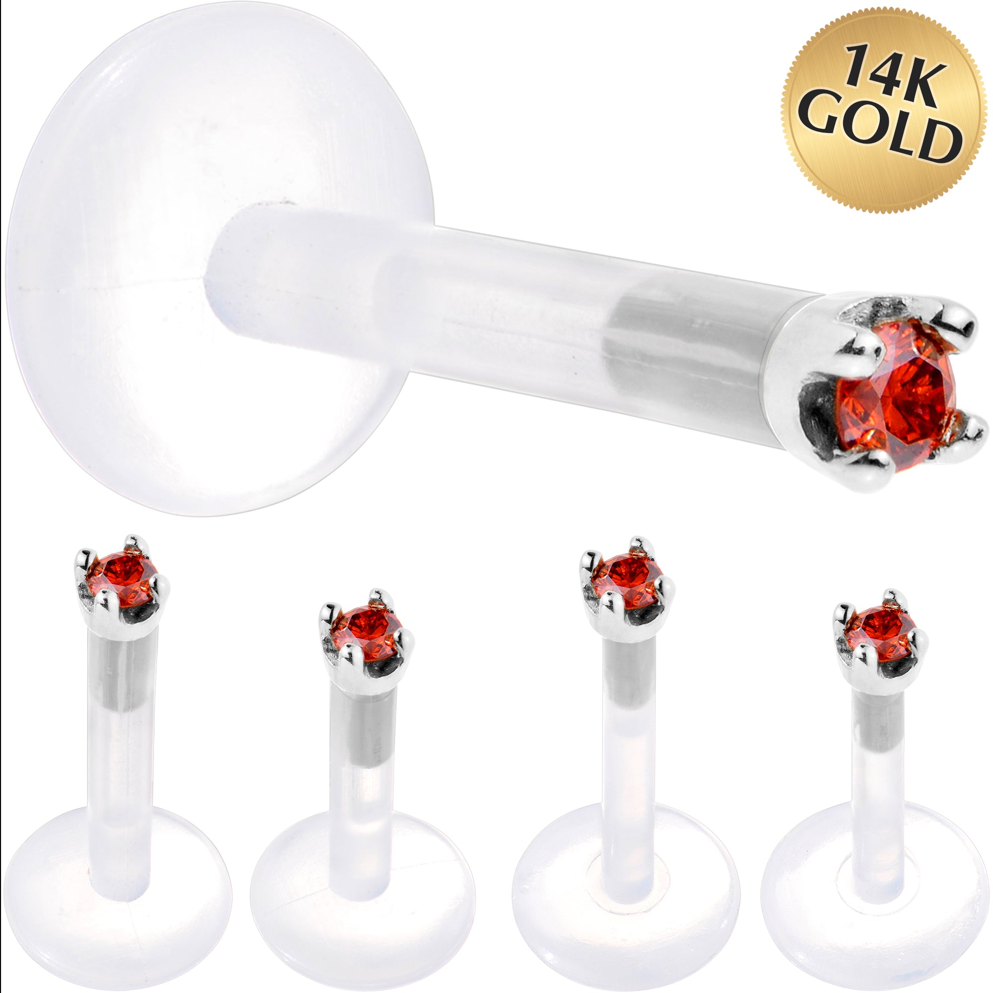 Solid 14K White Gold 1.5mm Genuine Red Diamond Bioplast Push in Labret