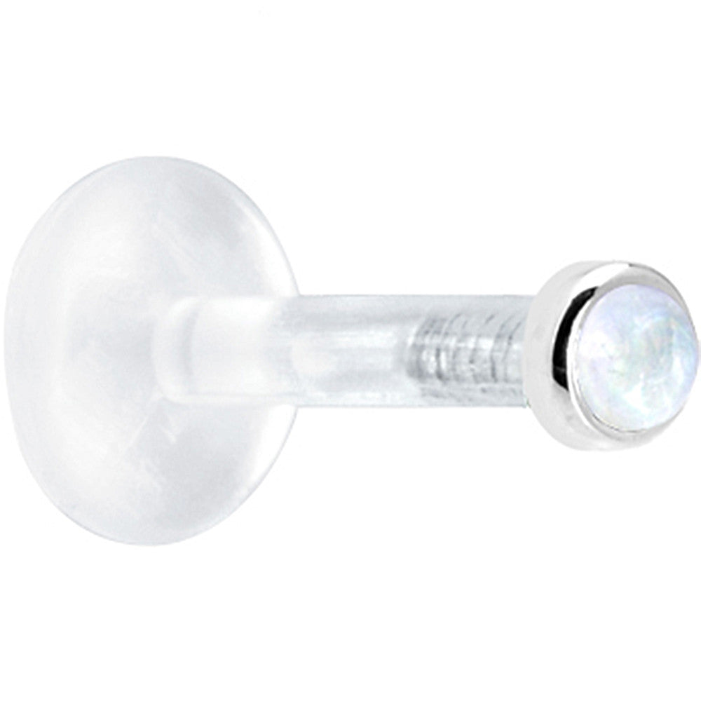 Solid 14K White Gold 2mm Genuine Rainbow Moonstone Bioplast Push in Labret