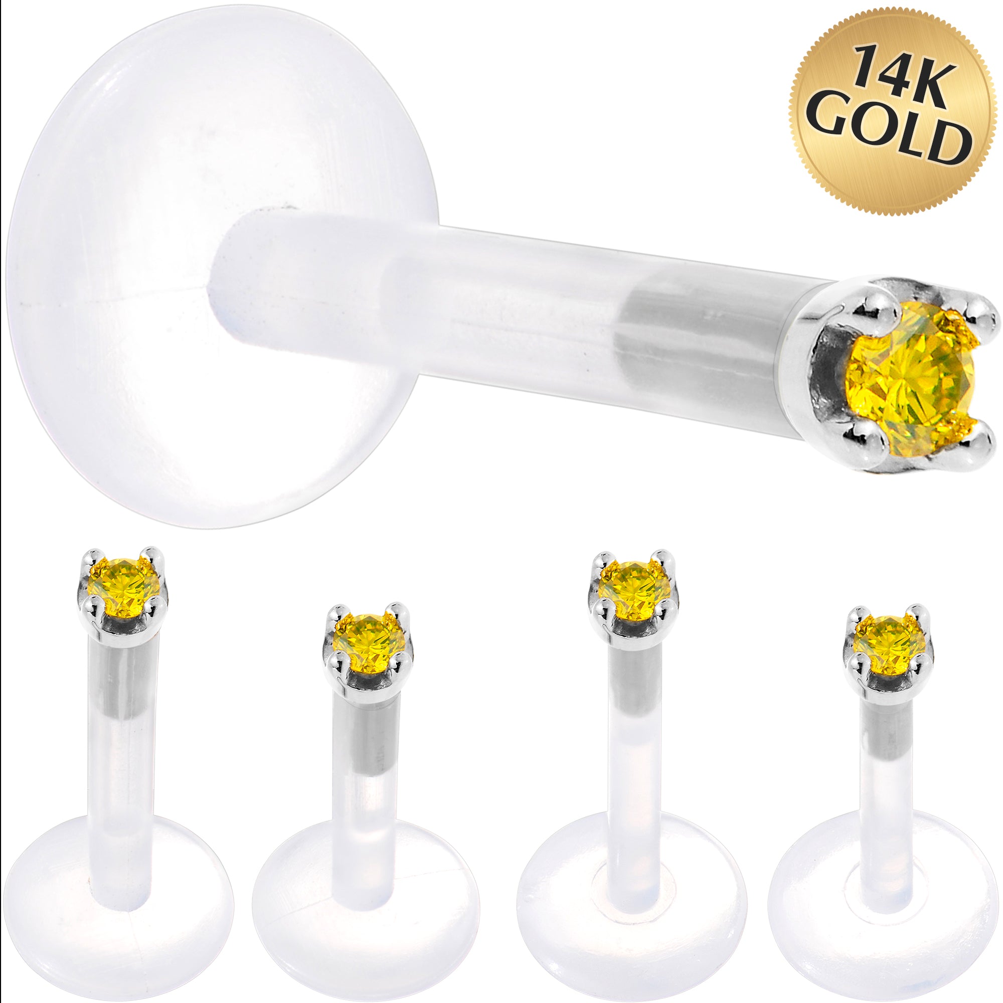 Solid 14K White Gold 1.5mm Genuine Yellow Diamond Bioplast Push in Labret