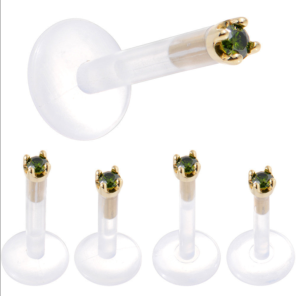 Solid 14K Yellow Gold 1.5mm Genuine Green Diamond Bioplast Push in Labret