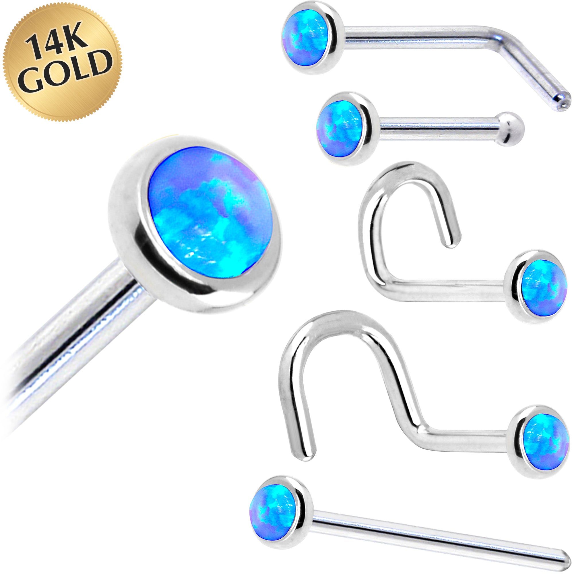 Solid 14KT White Gold 2mm Blue Synthetic Opal Nose Ring