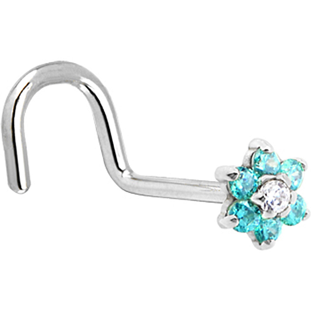 Solid 14KT White Gold Mint Green and Clear Cubic Zirconia Flower Nose Ring 20 Gauge