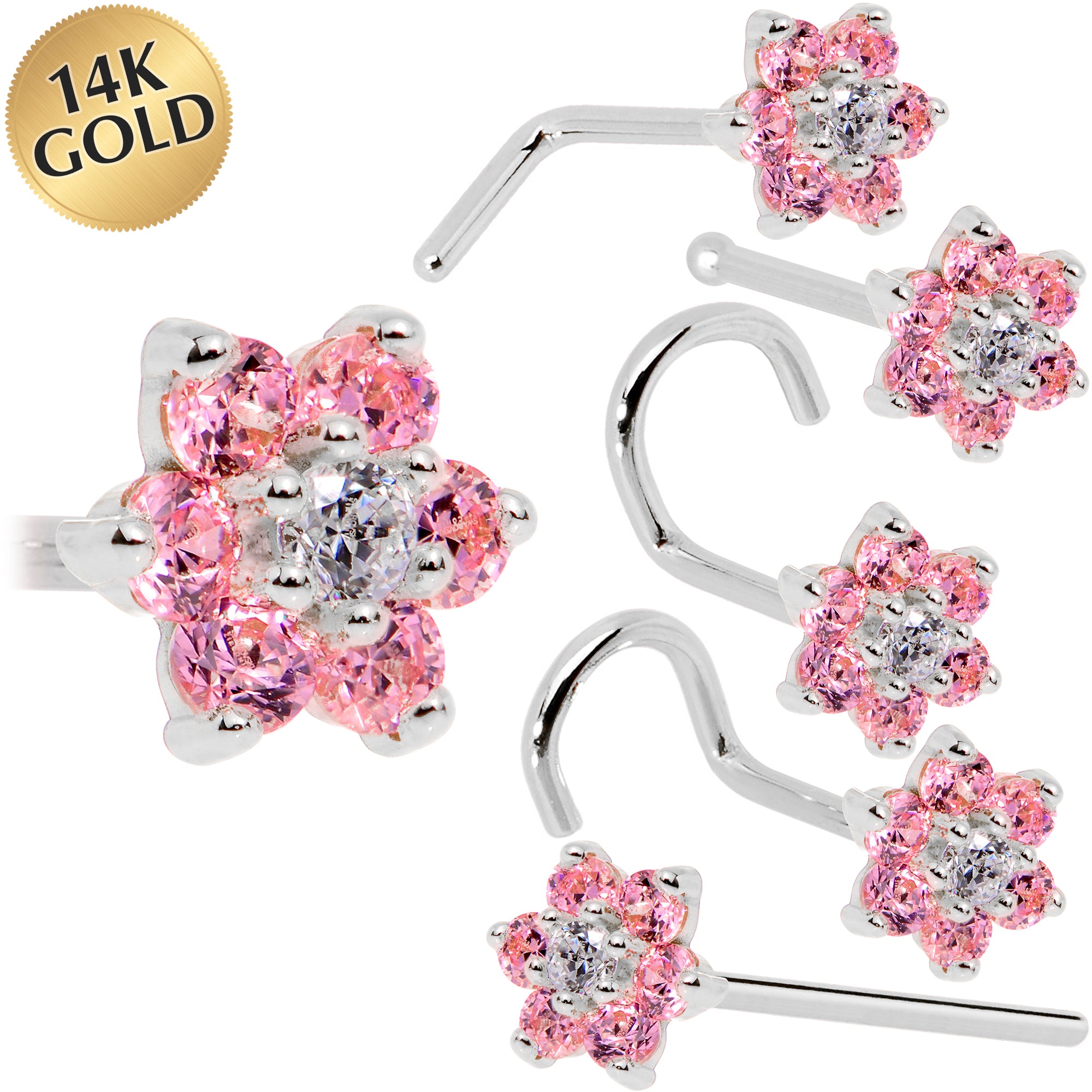 14KT Solid Yellow Gold White & Red CZ Cluster Flower L shape Nose Ring Stud