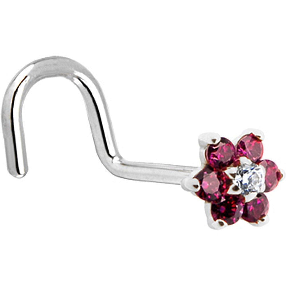 Solid 14KT White Gold Red and Clear Cubic Zirconia Flower Nose Ring 20 Gauge Nose Bone