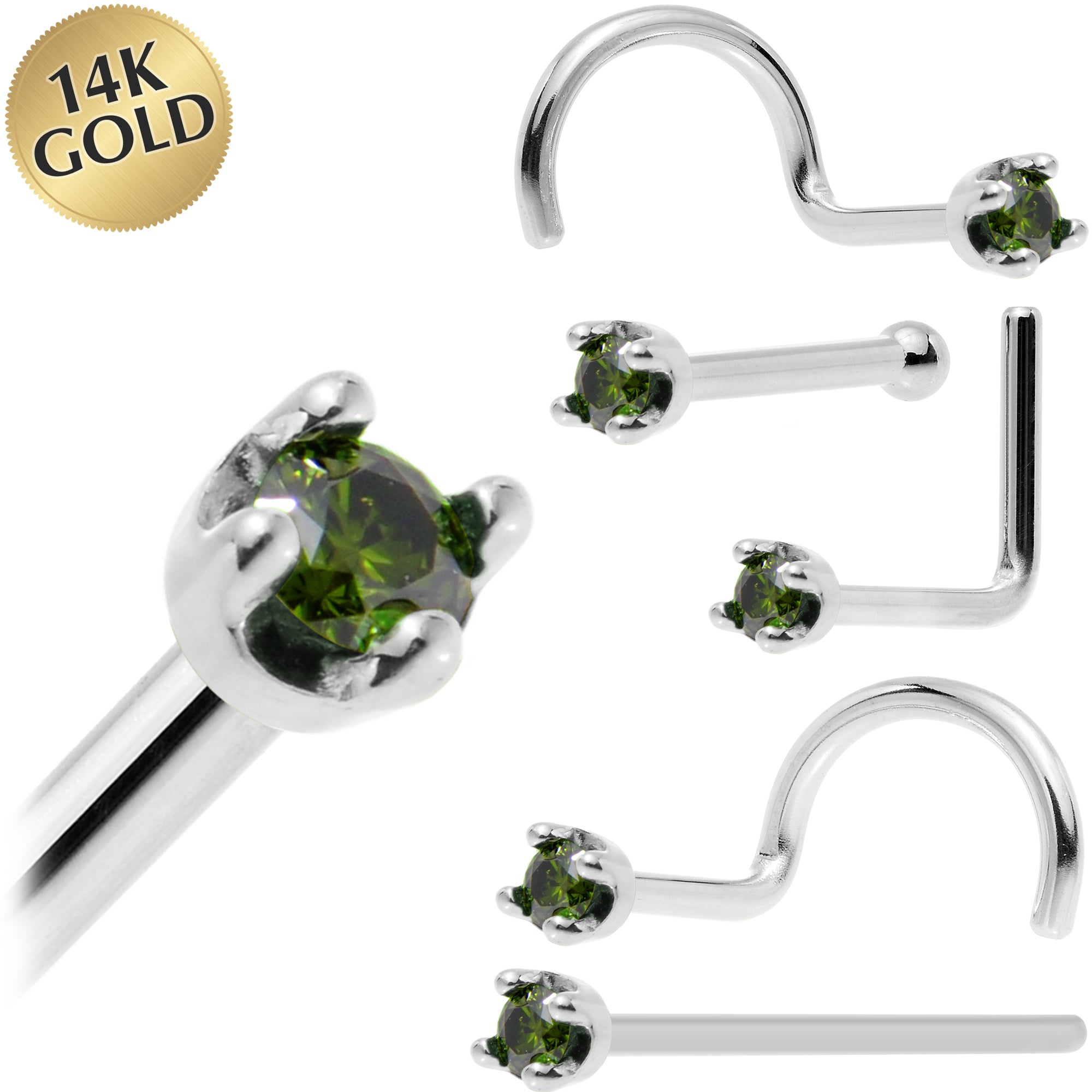 Solid 14KT White Gold May 1.5mm Genuine Green Diamond Nose Ring 18 Gauge Nose Bone