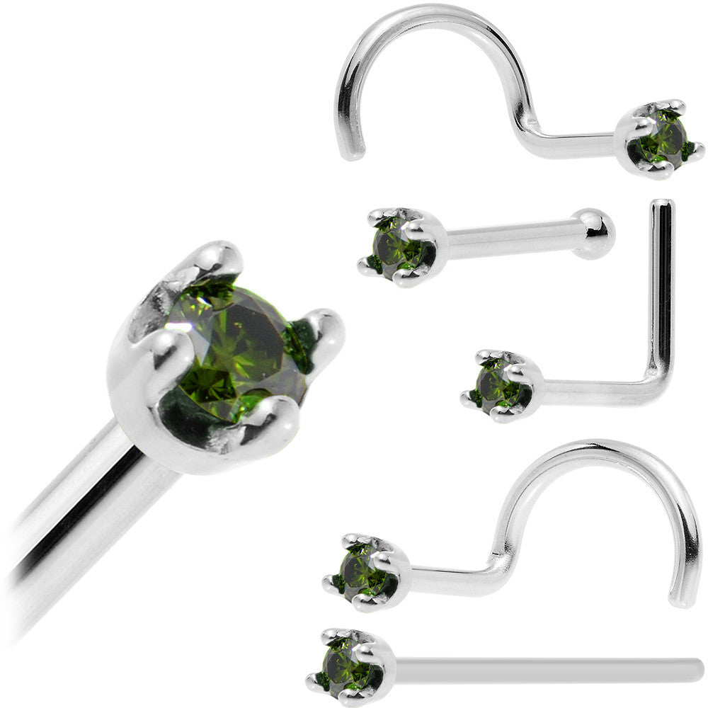 14k White Gold 2mm Lab Grown Green Diamond Nose Ring