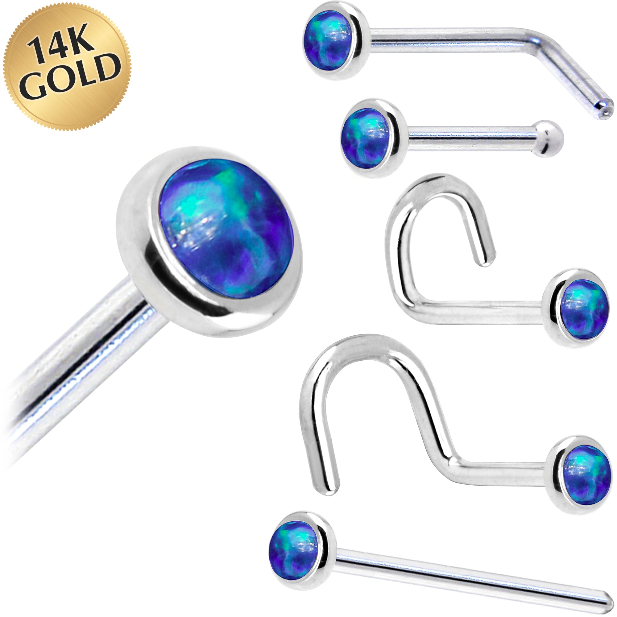 Solid 14KT White Gold 2mm Dark Blue Synthetic Opal Nose Ring 18 Gauge