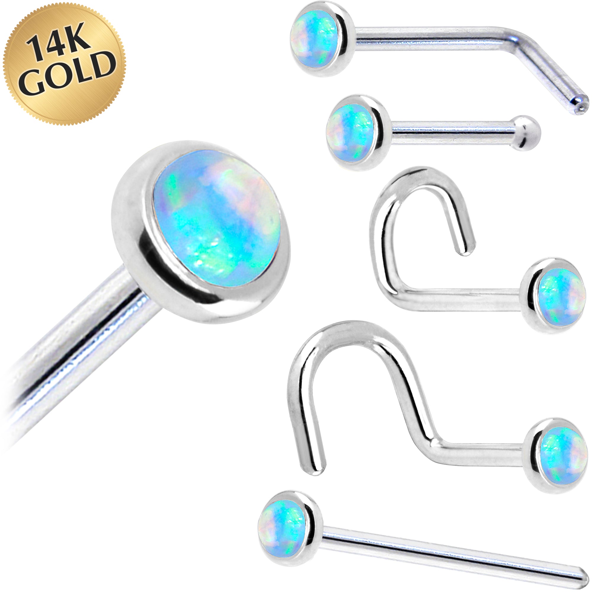 Solid 14KT White Gold 2mm Light Blue Synthetic Opal Nose Ring