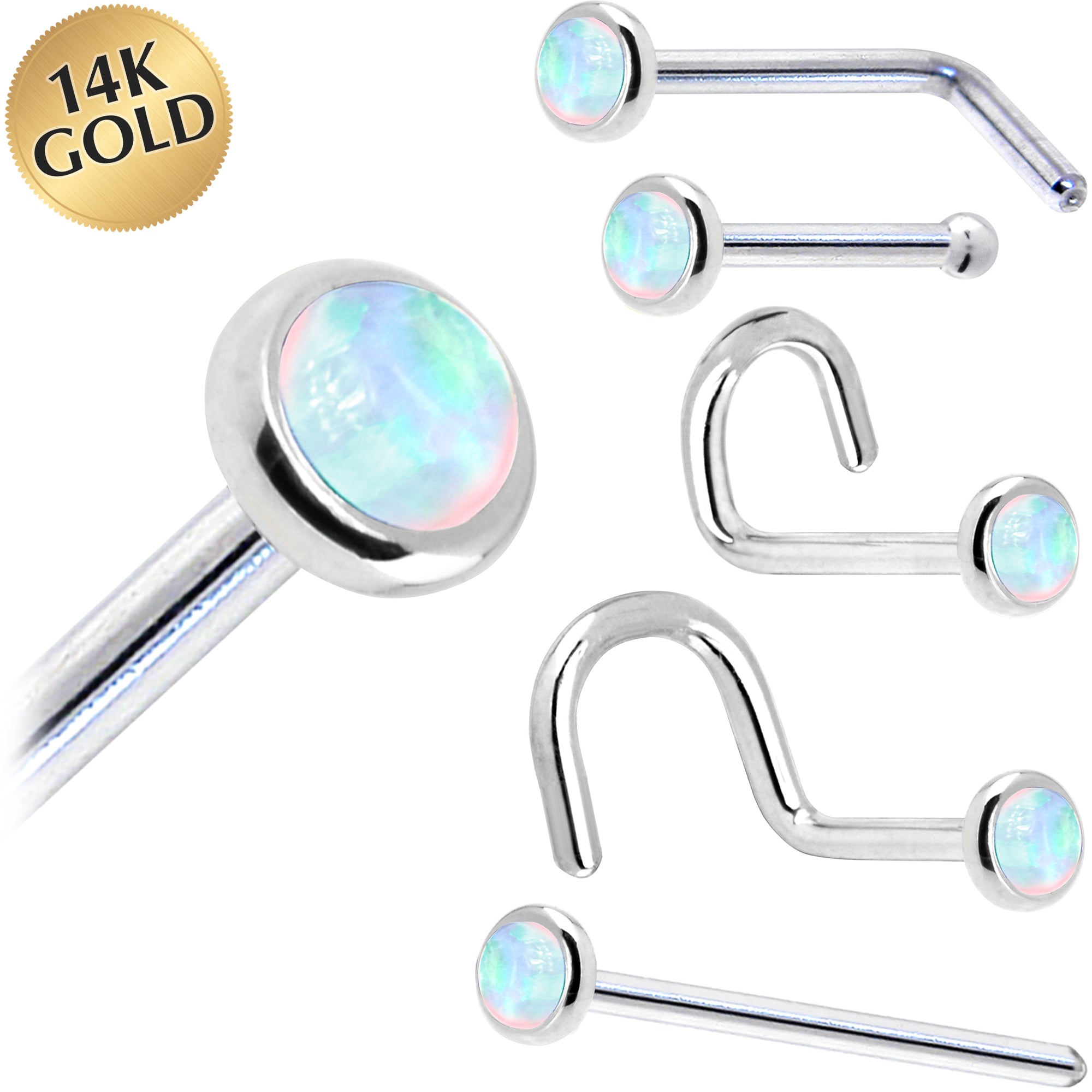 Solid 14KT White Gold 2mm Synthetic Opal Nose Ring 18 gauge