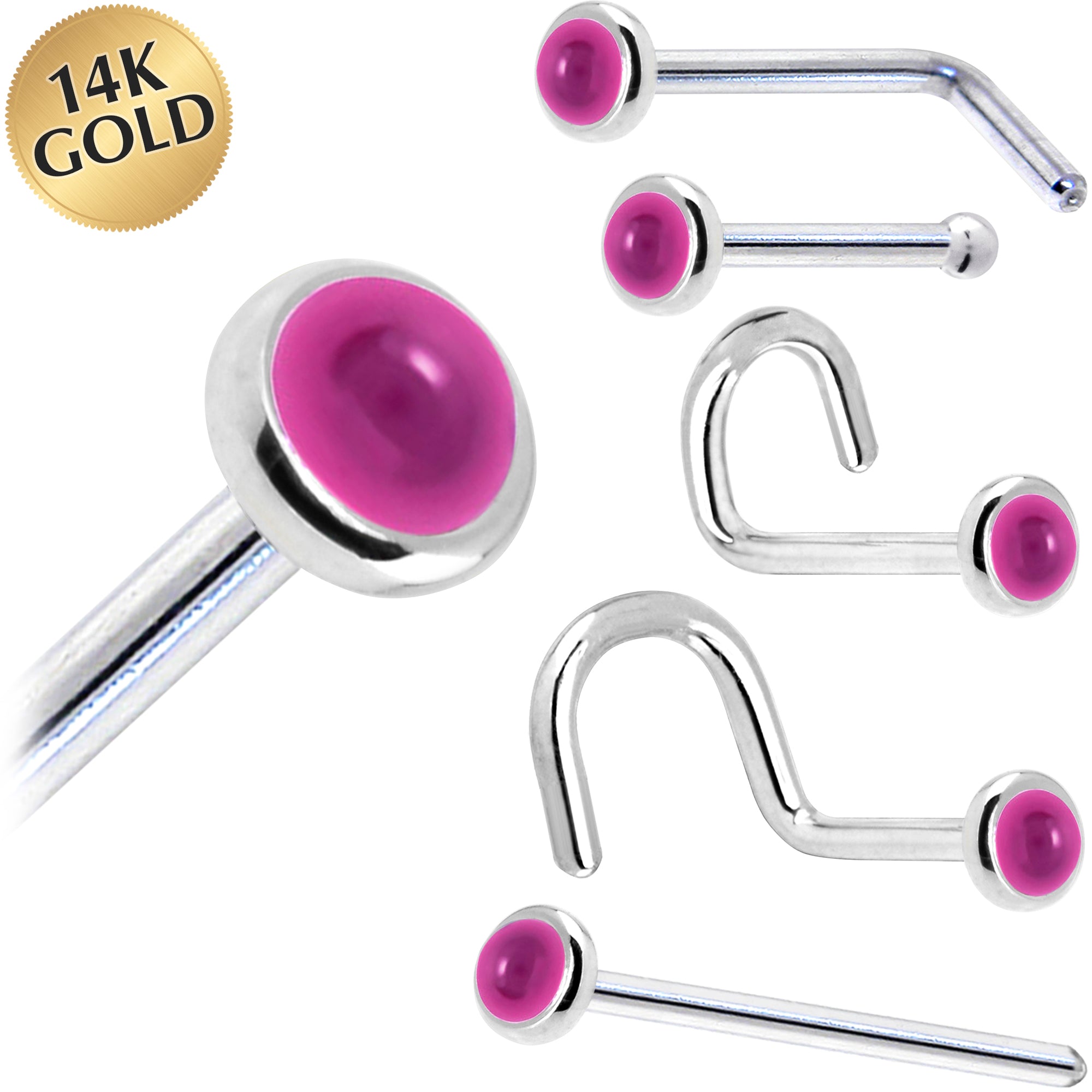 Solid 14KT White Gold 2mm Genuine Pink Garnet Nose Ring 18 Gauge Nose Bone