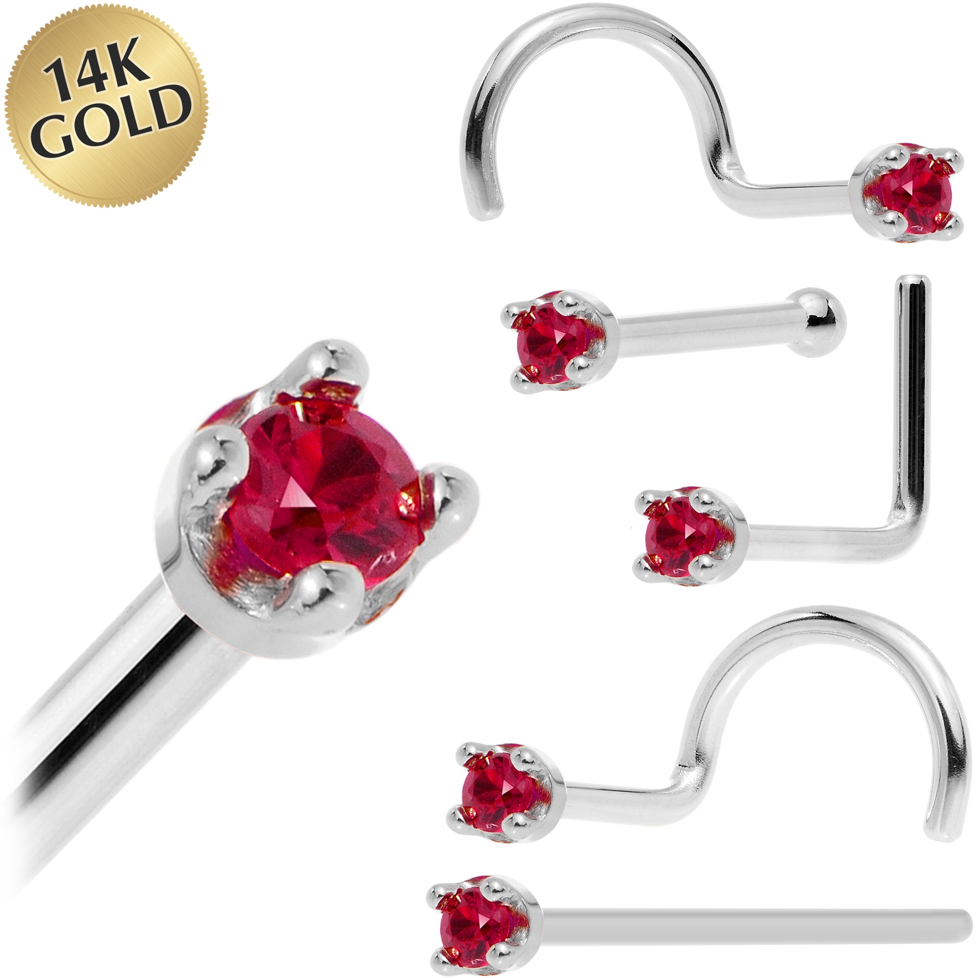 Solid 14KT White Gold 1.5mm Diamond Cut Genuine Ruby Nose Ring 18 Gauge
