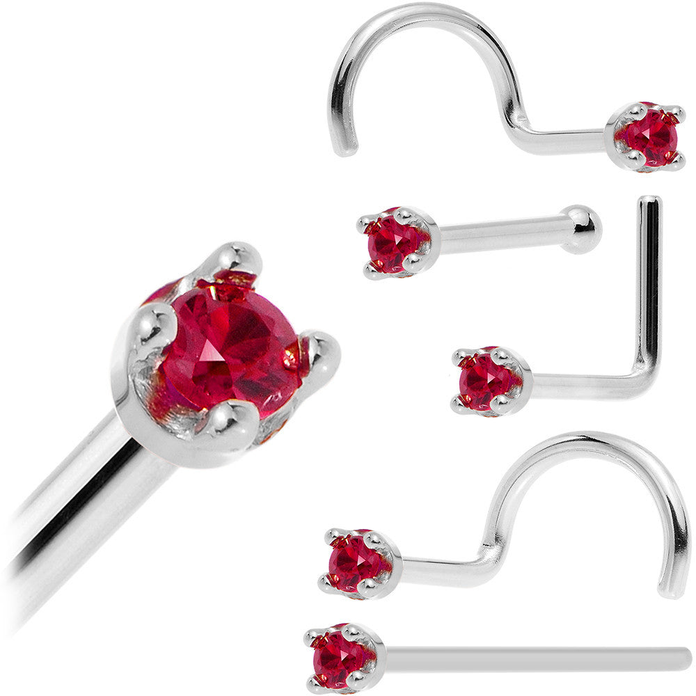 Solid 18K White Gold 1.5mm Diamond Cut Genuine Ruby Nose Ring