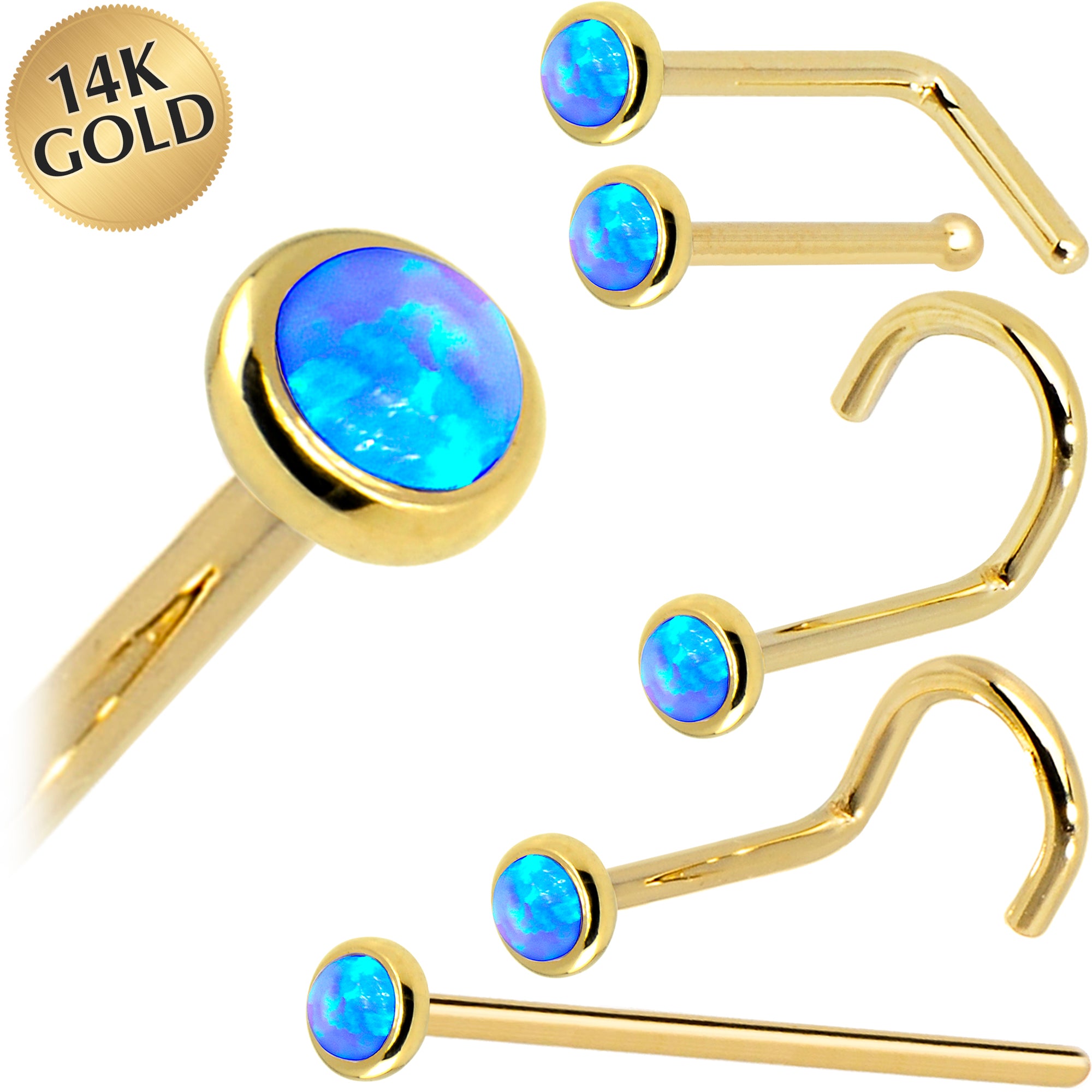 Solid 14KT Yellow Gold 2mm Blue Synthetic Opal Nose Bone 18 Gauge