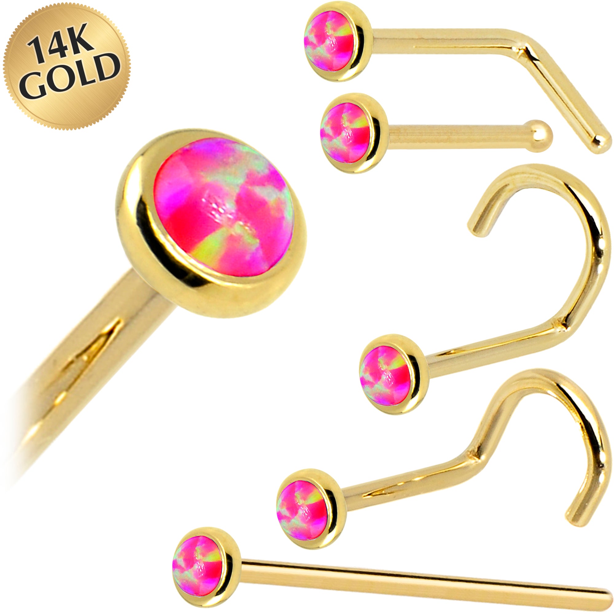 Solid 14KT Yellow Gold 2mm Brilliant Pink Synthetic Opal Nose Ring 18 Gauge Nose Bone