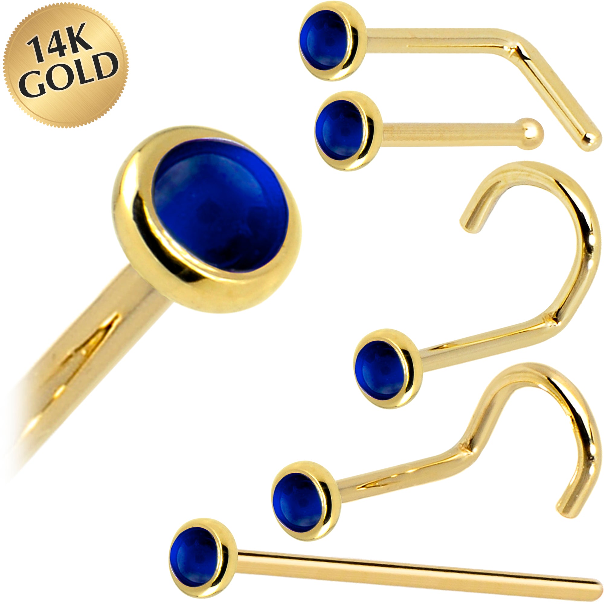 Solid 14KT Yellow Gold September 2mm Genuine Sapphire Nose Ring 18 Gauge Nose Bone