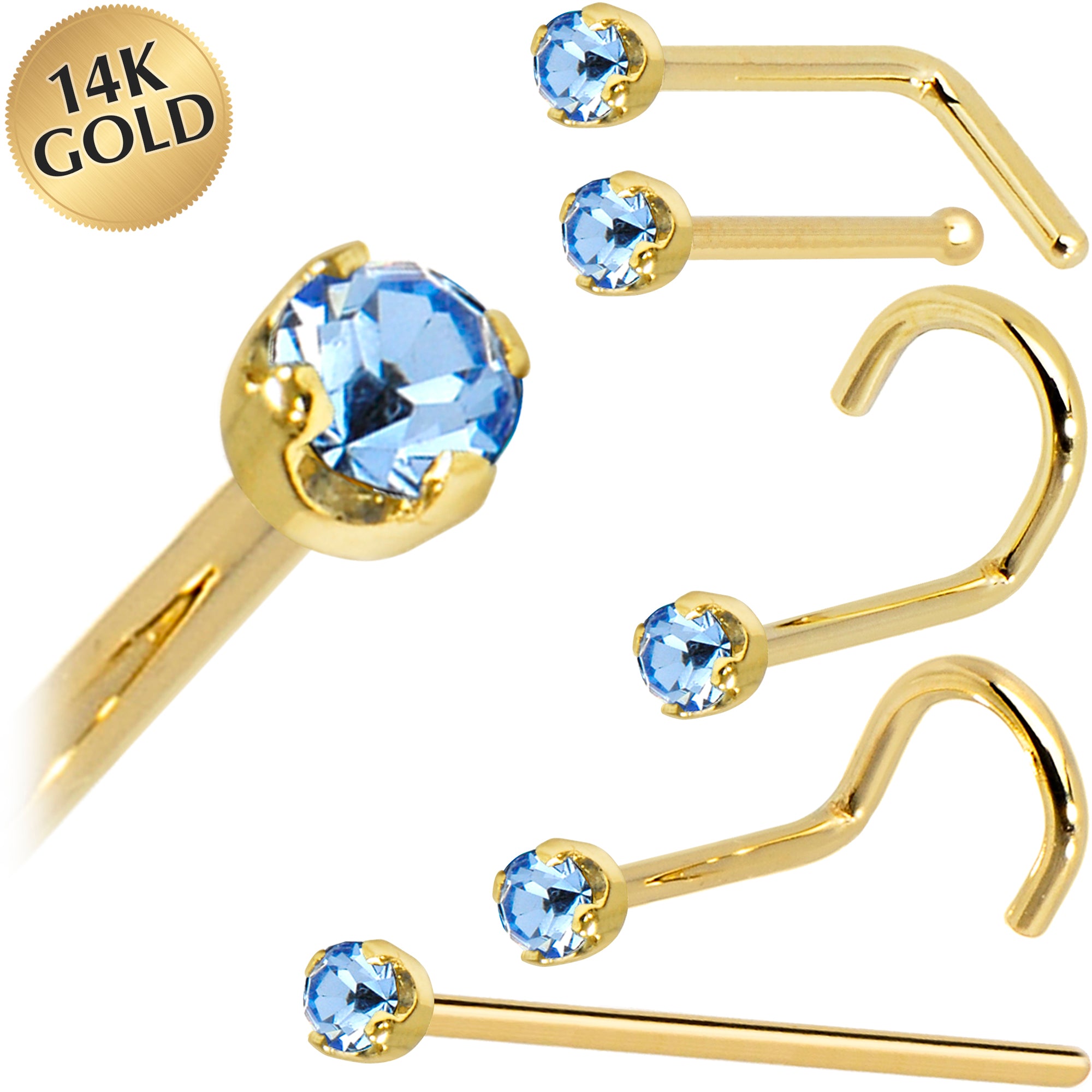 Solid 14KT Yellow Gold 2mm Light Blue Cubic Zirconia Nose Ring 18 Gauge