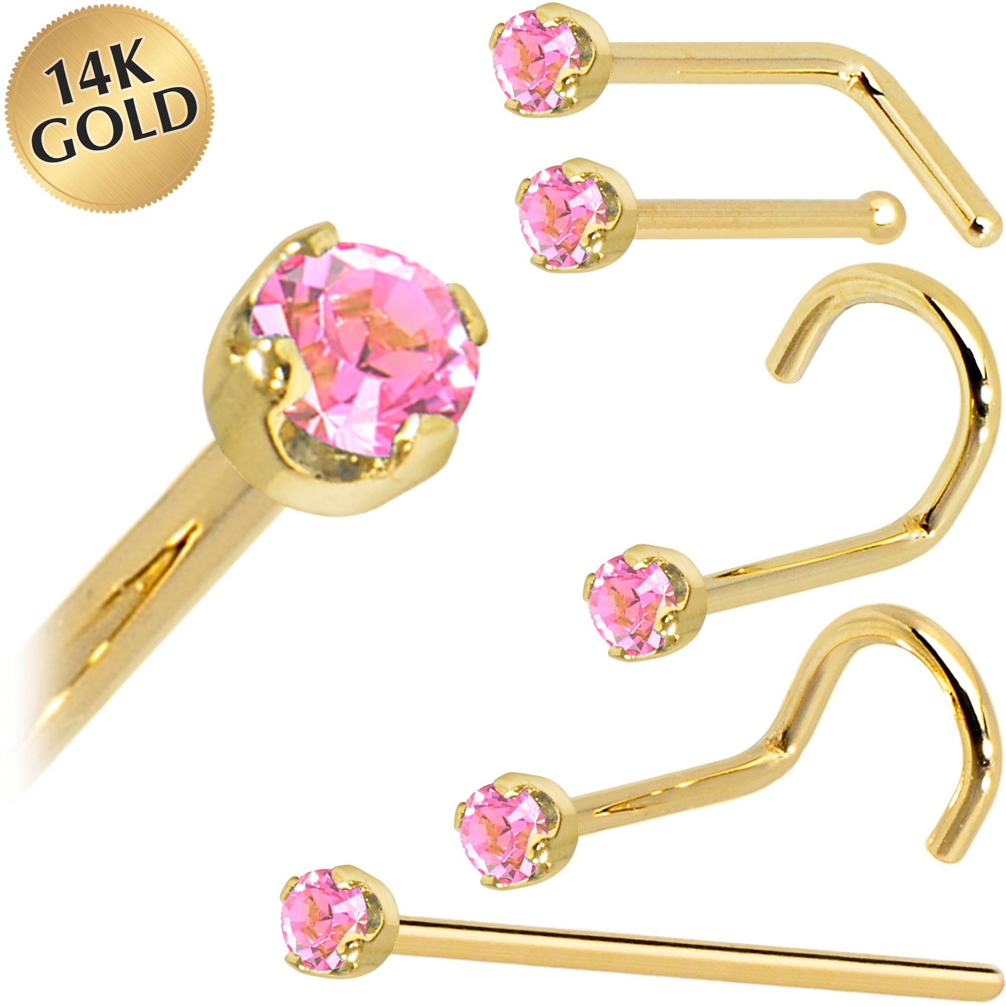 Solid 14KT Yellow Gold October 2mm Pink Cubic Zirconia Nose Ring 18 Gauge